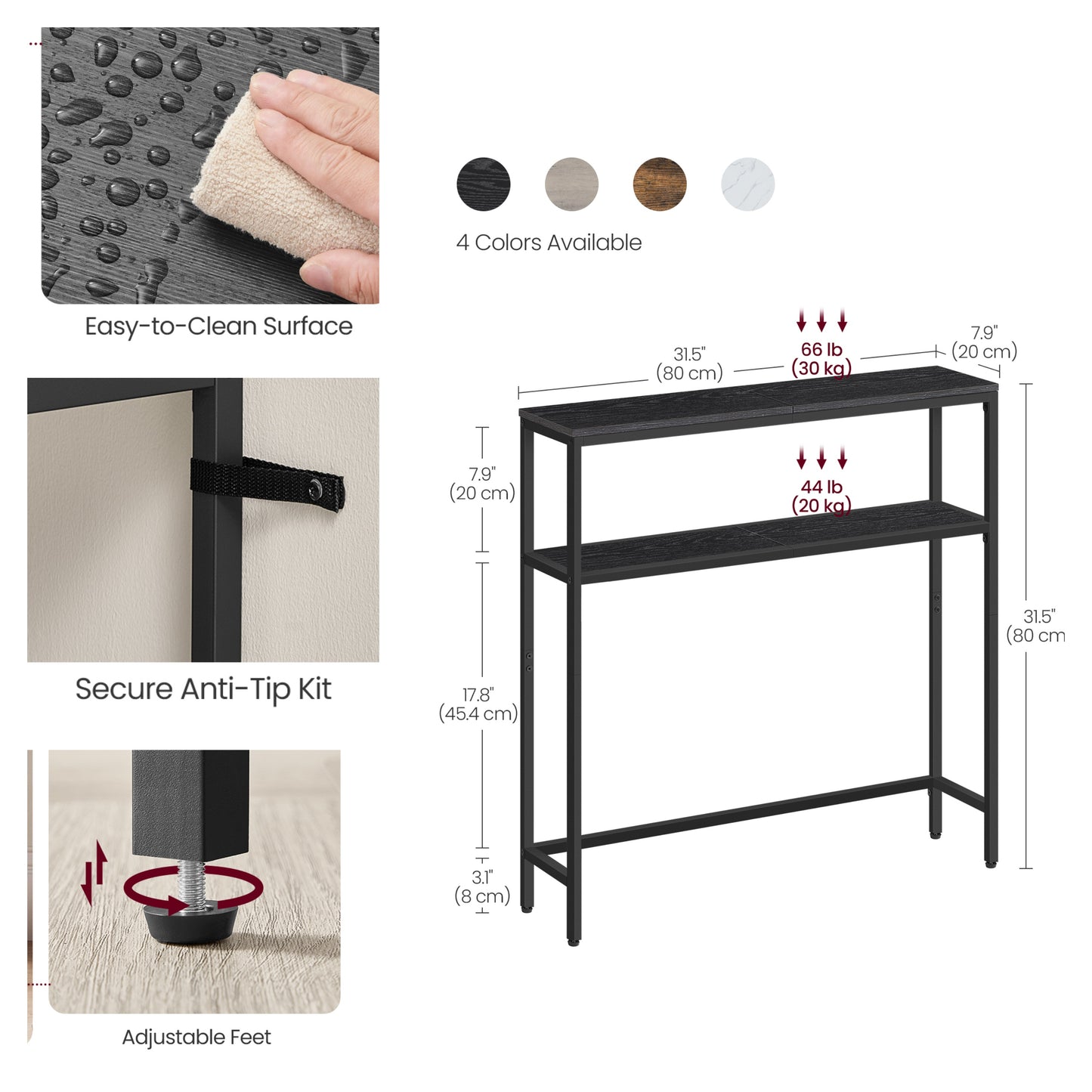 31.5" Modern 2-Tier Console Table, Narrow Sofa Table with Adjustable Feet for Entryway, Living Room, Charcoal Gray and Black