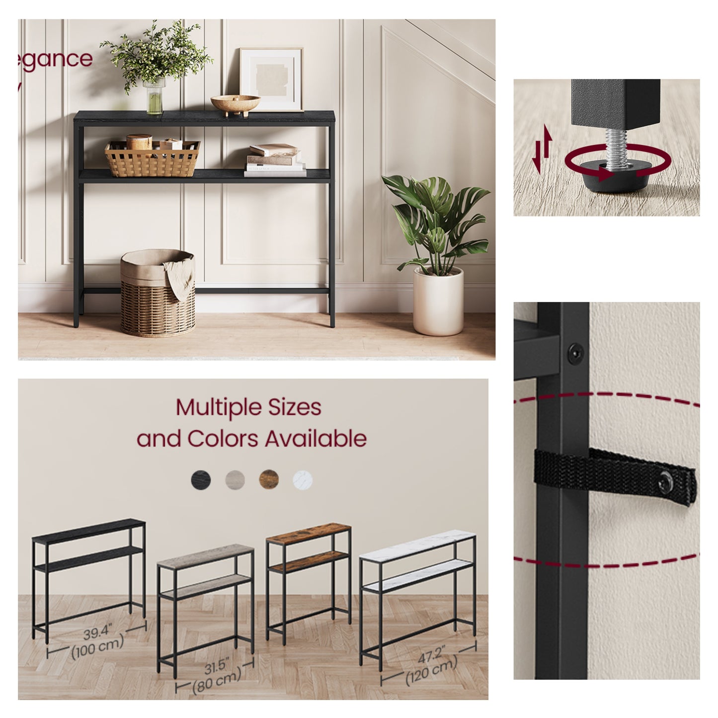 31.5" Modern 2-Tier Console Table, Narrow Sofa Table with Adjustable Feet for Entryway, Living Room, Charcoal Gray and Black