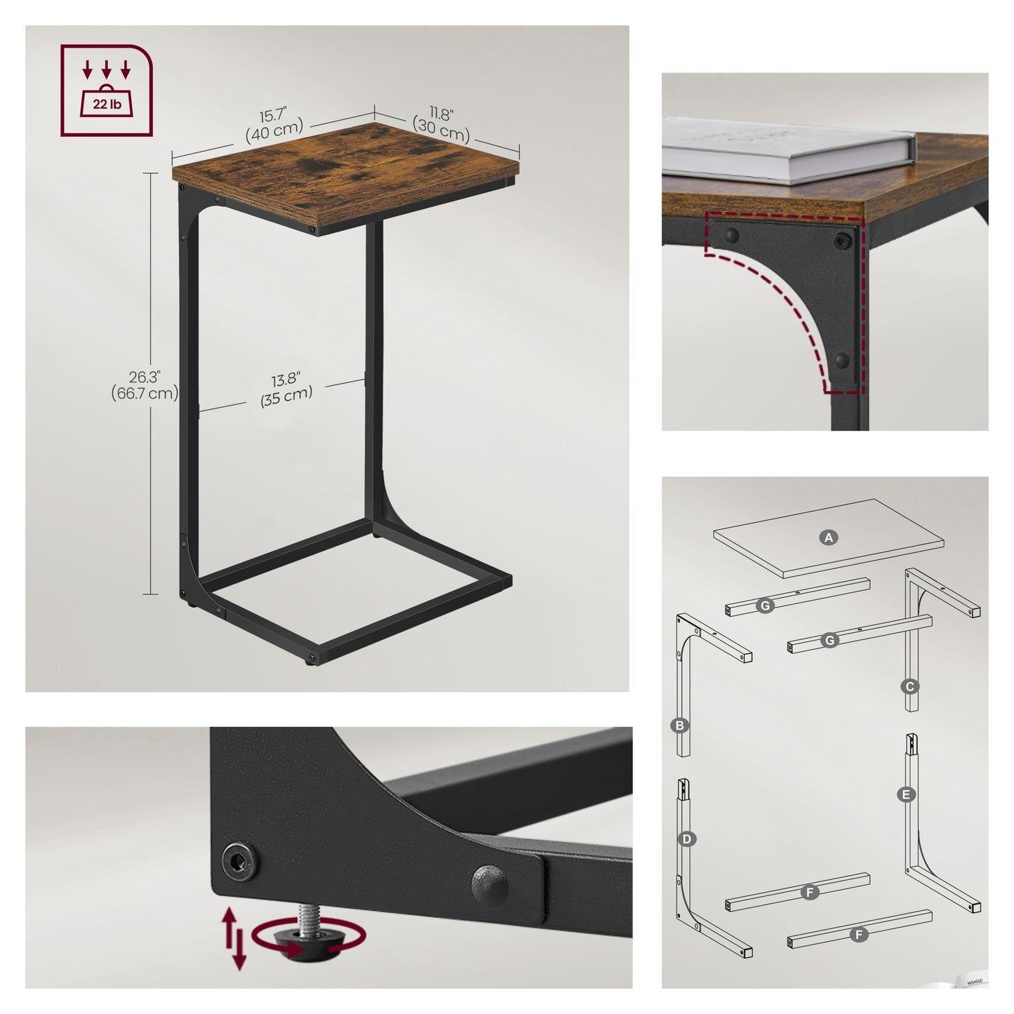 C-Shaped End Table Set of 2 - Sofa Side Tables with Metal Frame, Space-Saving Design, Rustic Brown and Black