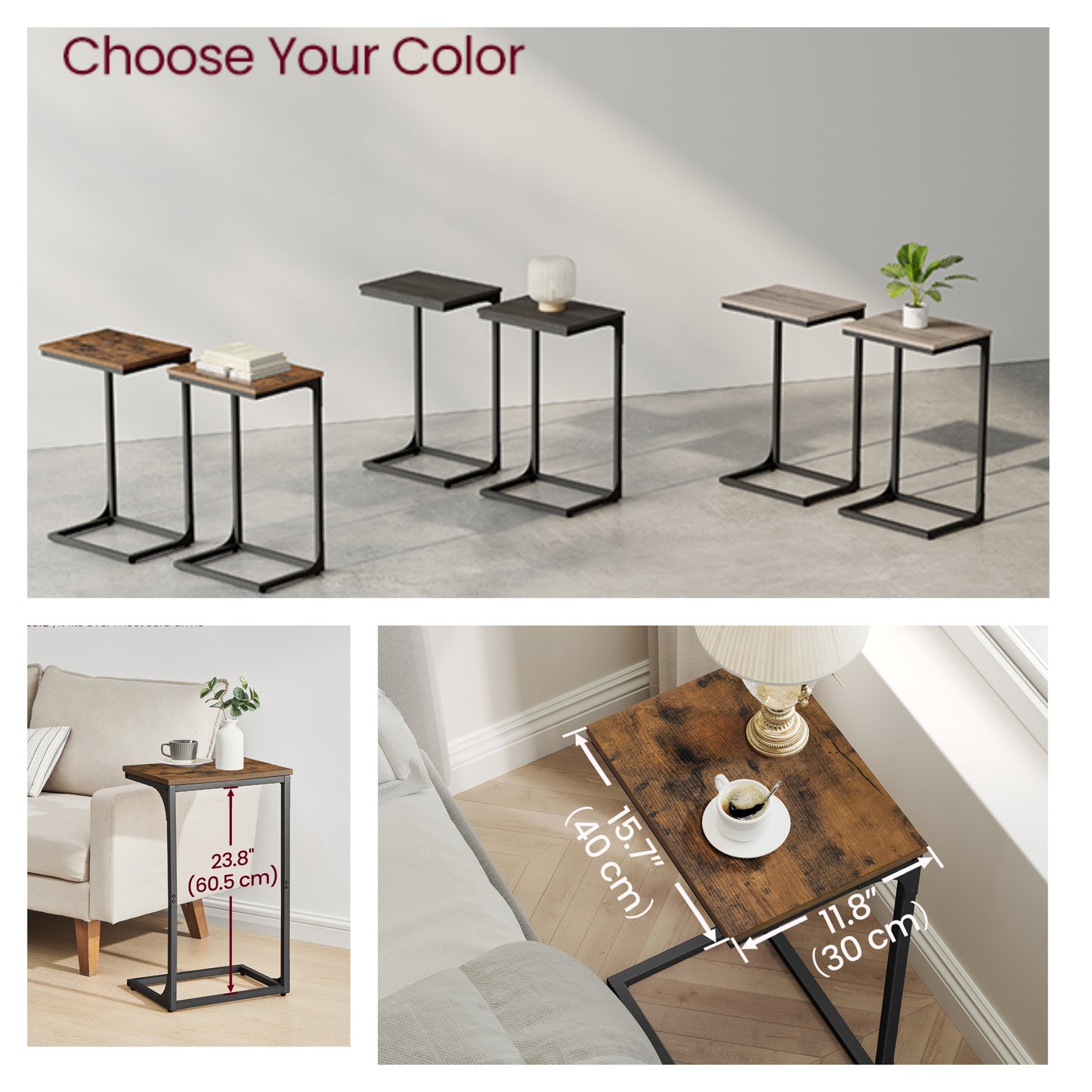 C-Shaped End Table Set of 2 - Sofa Side Tables with Metal Frame, Space-Saving Design, Rustic Brown and Black