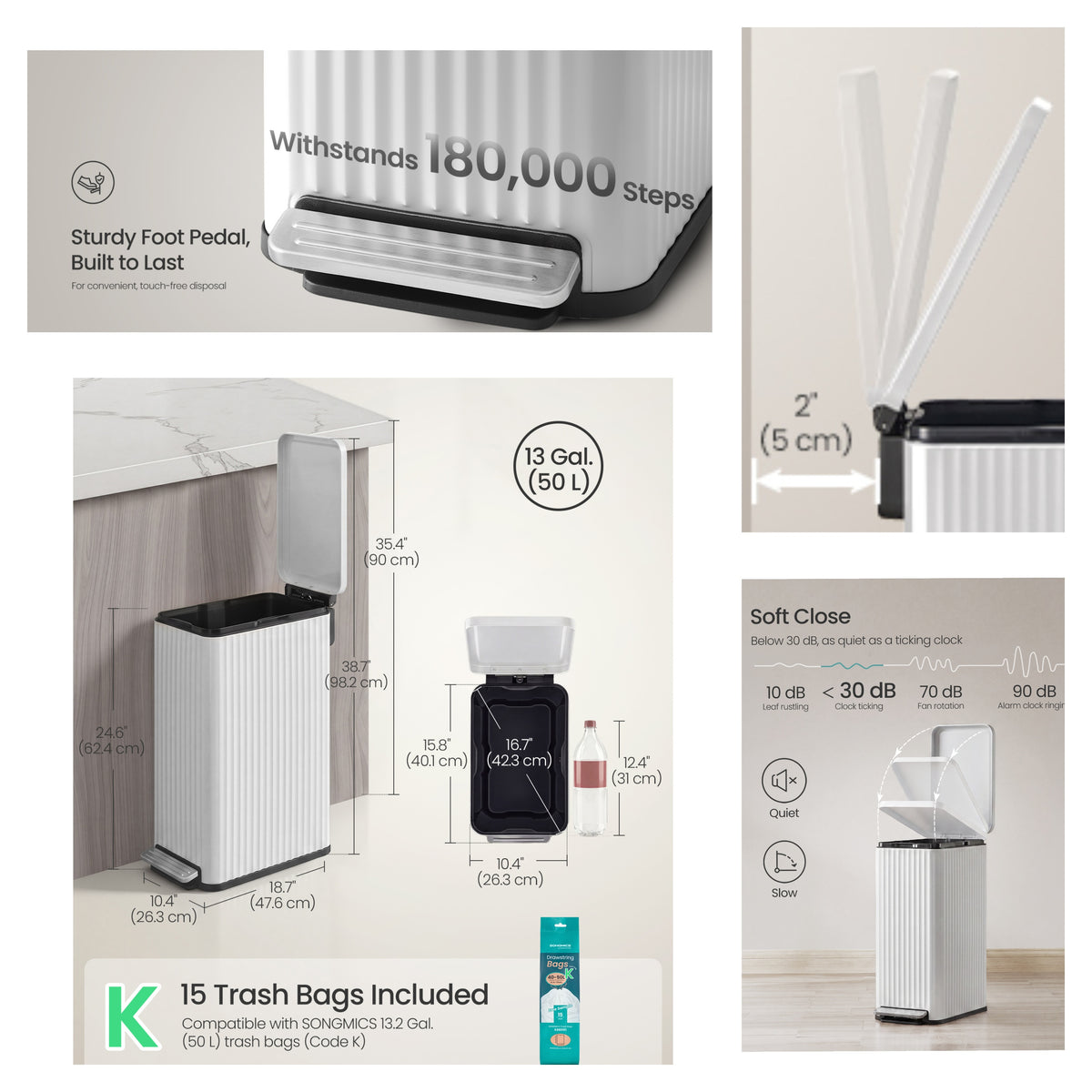 LEDREM Stainless Steel, PP Plastic, PE Plastic Slim Trash Can with Soft-Close Lid and 15 Bags, 13 Gal., 10.4 x 18.7 x 24.6 inches, White