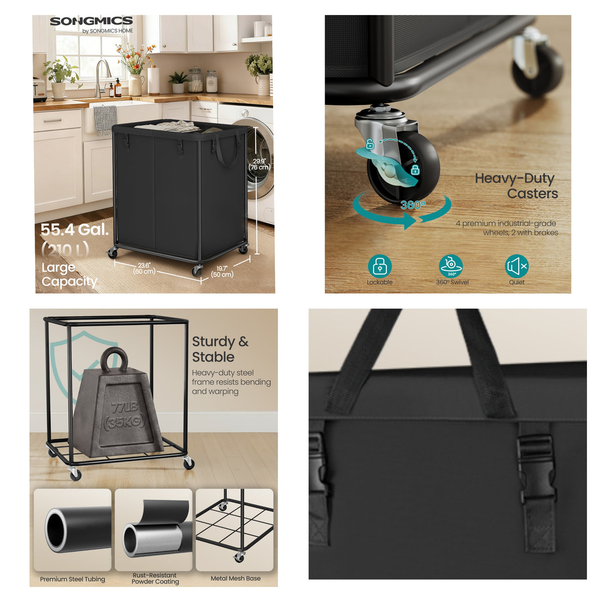 Large Clothes Hamper, Rolling Laundry Cart with Wheels, 210 L, 23.6 x 19.7 x 29.9 inches, Black