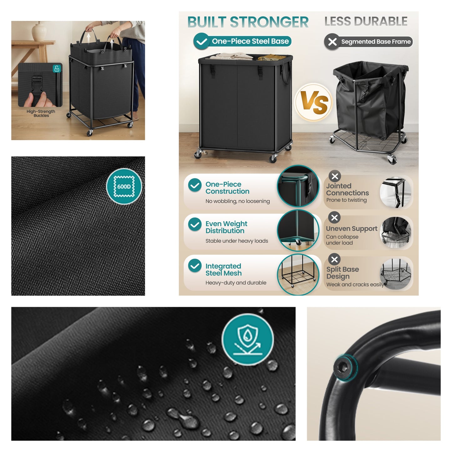 Large Clothes Hamper, Rolling Laundry Cart with Wheels, 210 L, 23.6 x 19.7 x 29.9 inches, Black