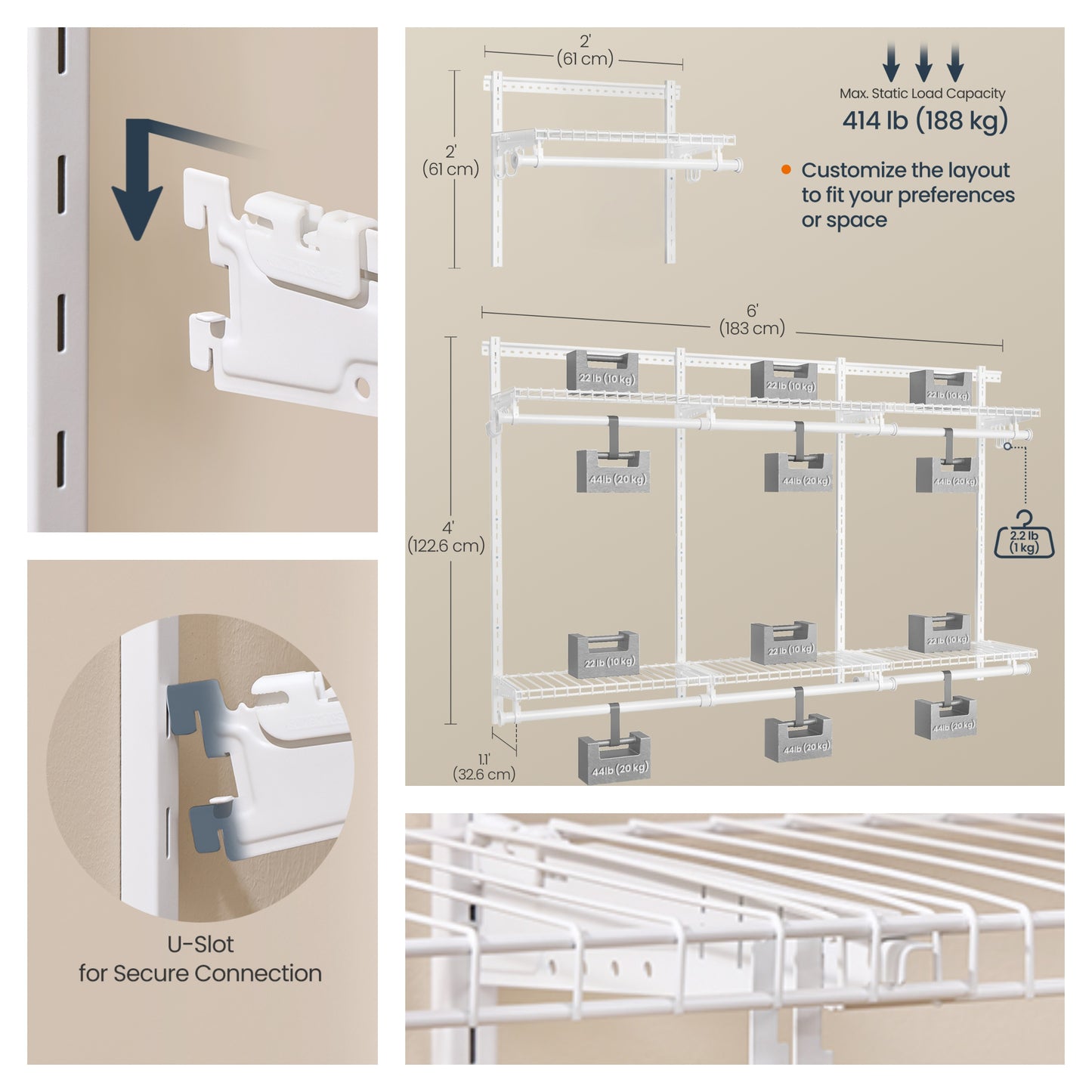 Closet Organizer System, 4-8 ft Wide Adjustable Shelving Unit with 6 Rods & 6 Shelves, Freestanding Storage Insert for Bedroom Pantry Garage, Cloud White