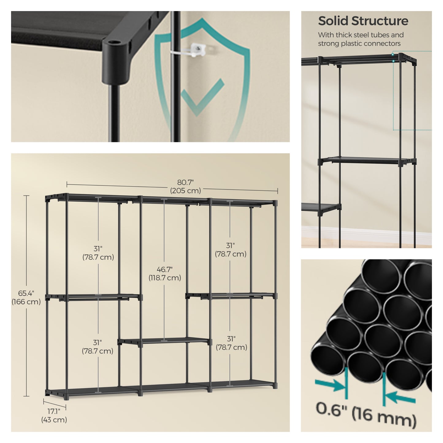 Freestanding Closet Organizer with 6 Hanging Rods & Shelves, Portable Wardrobe Rack for Bedroom Cloakroom, Tool-Free Assembly,Ink Black
