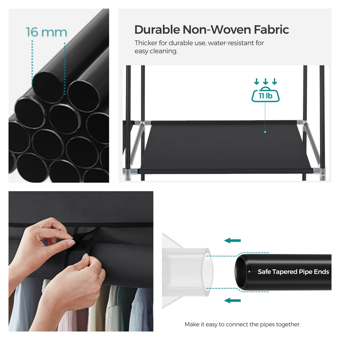Large Fabric Wardrobe Closet with Hanging Rod & Shelves, Portable Storage Organizer for Bedroom/Living Room, Easy No-Tool Assembly, Black