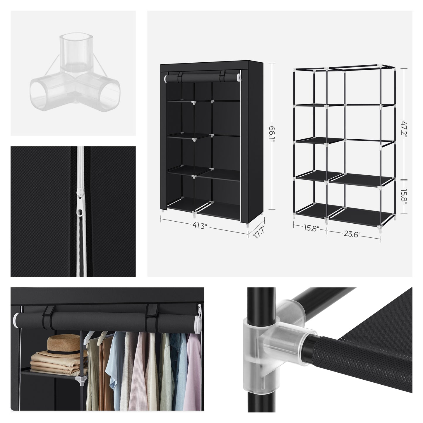 Large Fabric Wardrobe Closet with Hanging Rod & Shelves, Portable Storage Organizer for Bedroom/Living Room, Easy No-Tool Assembly, Black