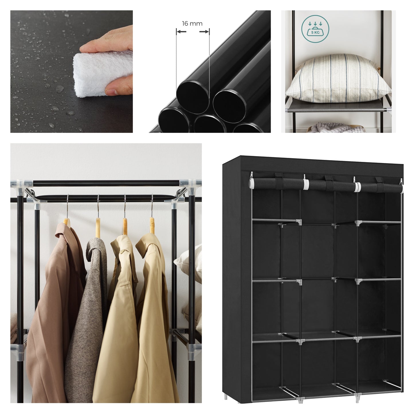 Large Portable Closet with 10 Shelves & Hanging Rail - Freestanding Fabric Wardrobe for Bedroom, 66 Inch, Black