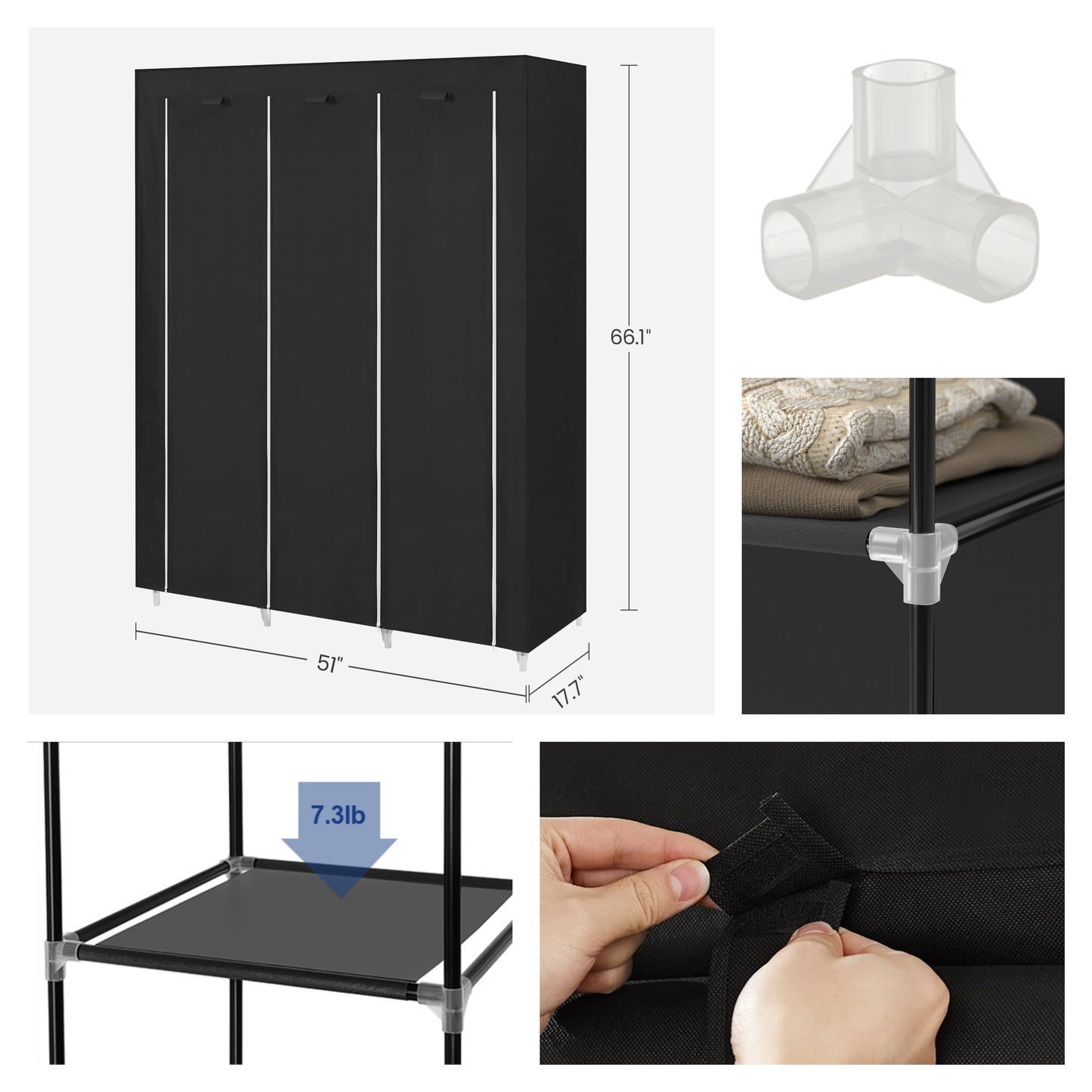 Large Portable Closet with 10 Shelves & Hanging Rail - Freestanding Fabric Wardrobe for Bedroom, 66 Inch, Black