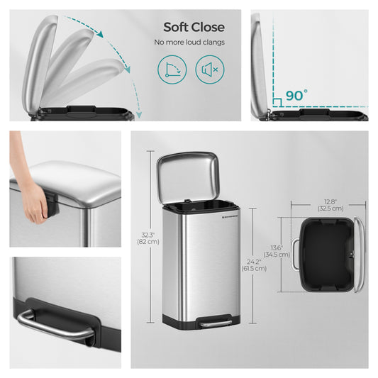 Stainless Steel 12-Gallon Step Trash Can, Soft-Close Lid with Inner Bucket, Fingerprint Proof Kitchen & Living Room Bin,Silver