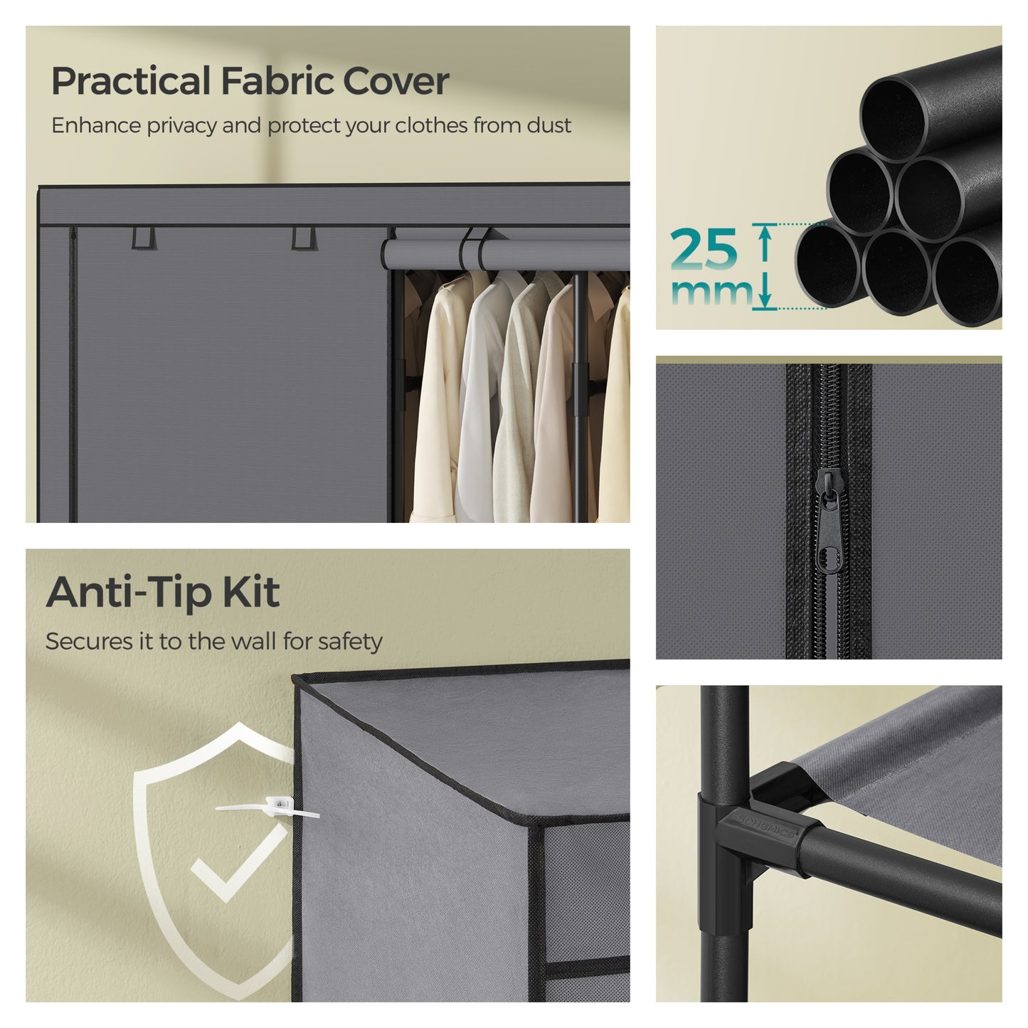 Large Wardrobe Closet Organizer with 4 Rails & 8 Shelves, Freestanding Portable Clothing Rack with Fabric Cover,Dove Gray