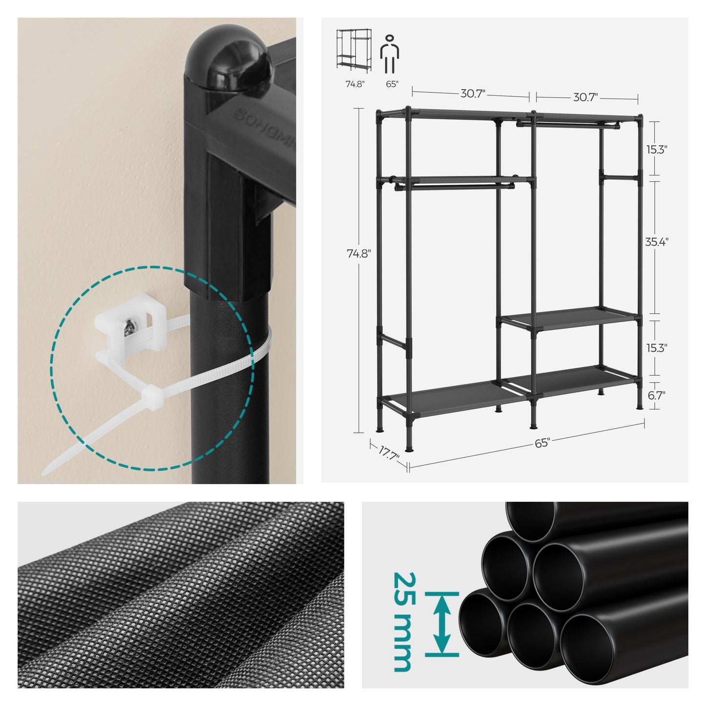 Heavy Duty Clothes Rack, 65 Inch Freestanding Wardrobe with 2 Rails & 3 Shelves, 242 lb Capacity, Easy No-Tool Assembly, Black