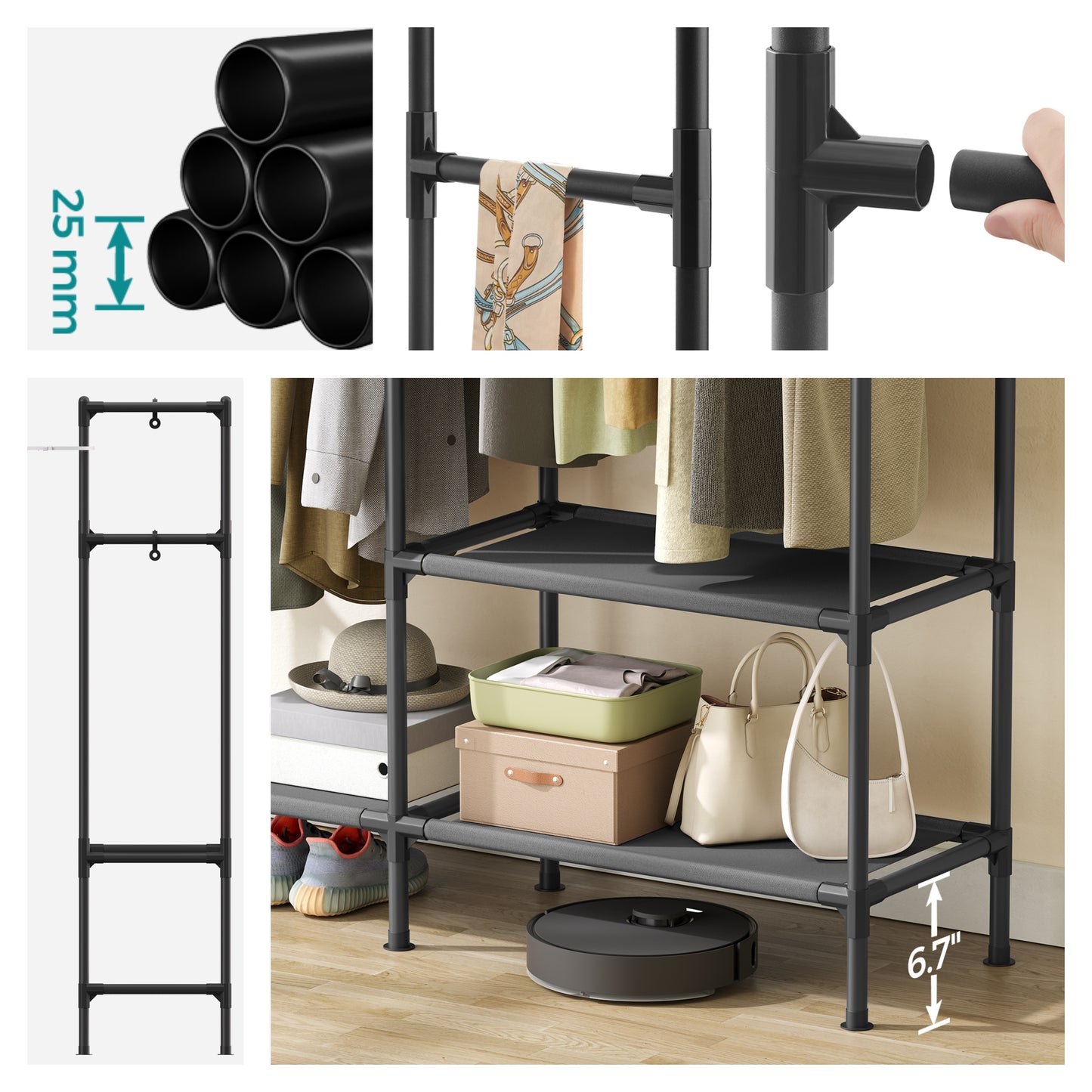Heavy Duty Clothes Rack, 65 Inch Freestanding Wardrobe with 2 Rails & 3 Shelves, 242 lb Capacity, Easy No-Tool Assembly, Black