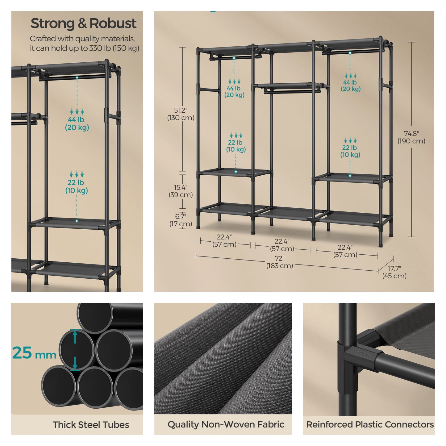 Heavy Duty Clothes Rack, 72 Inch Large Wardrobe with 3 Rails & 9 Shelves, 330 lb Capacity, Easy No-Tool Assembly, for Bedroom, Black