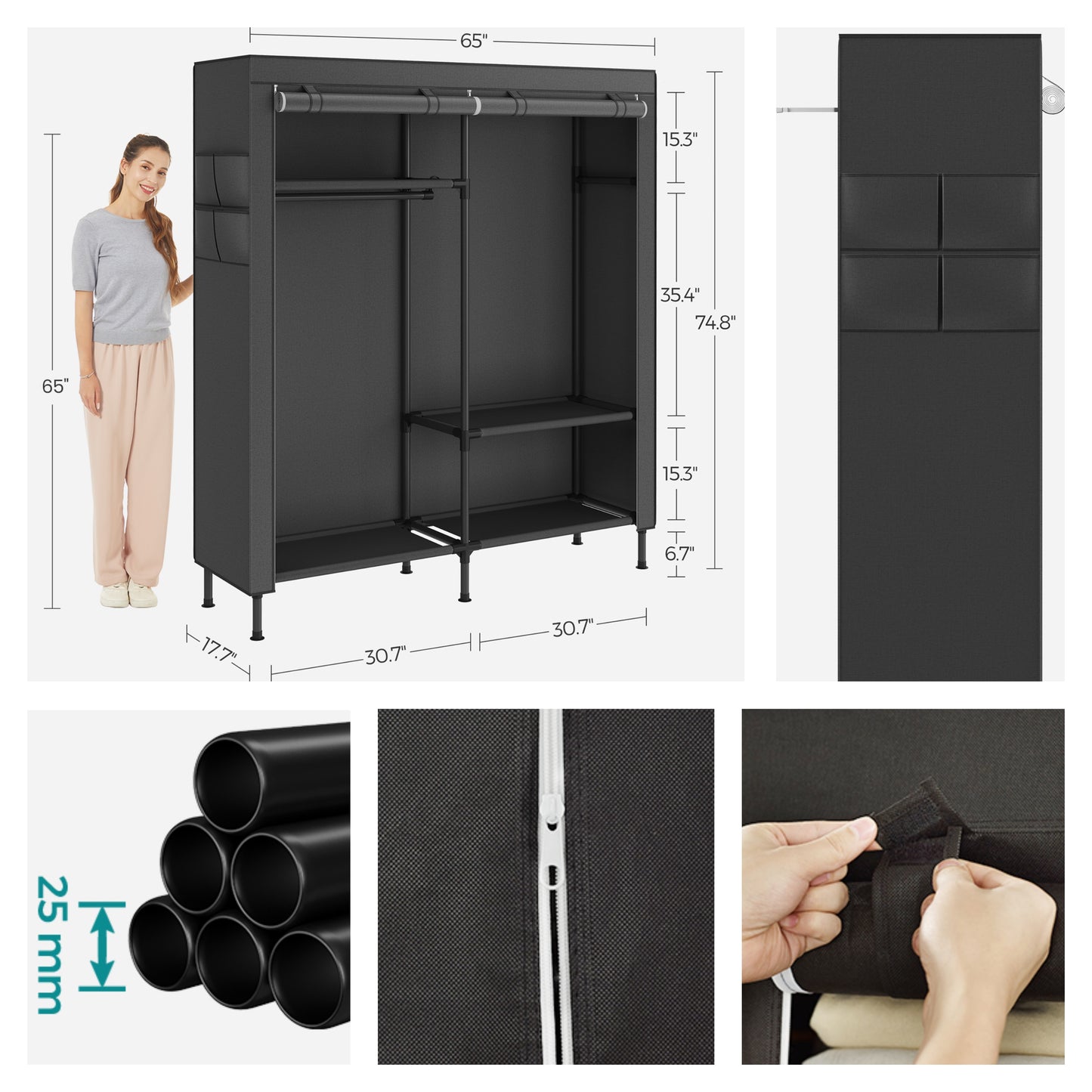 Heavy Duty Wardrobe Closet, 65 Inch Portable Closet Organizer with 2 Rails, 3 Shelves & 4 Pockets, Freestanding, Easy Assembly, Black