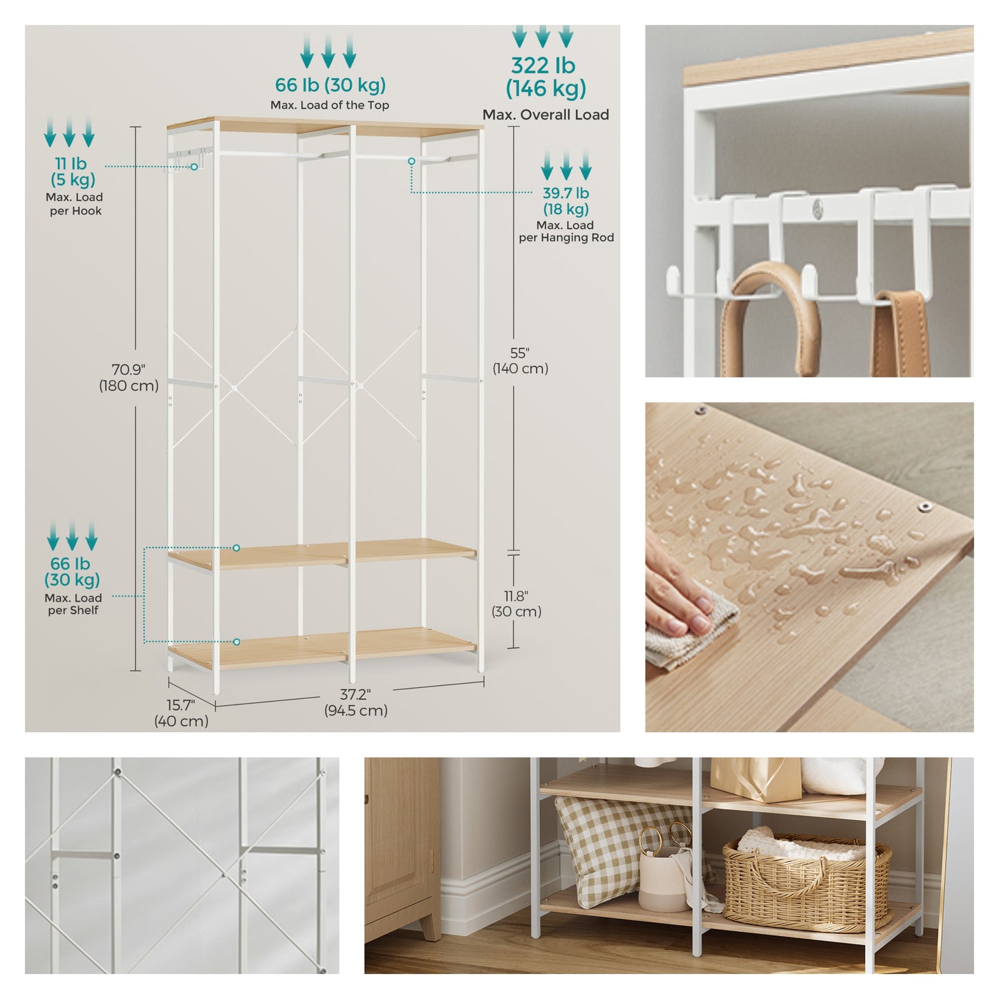 Heavy Duty Garment Rack, Iron and Wood Closet Organizer with Hanging Rods & Shelves, Freestanding Storage for Bedroom, 70.9 Inch,Natural Beige