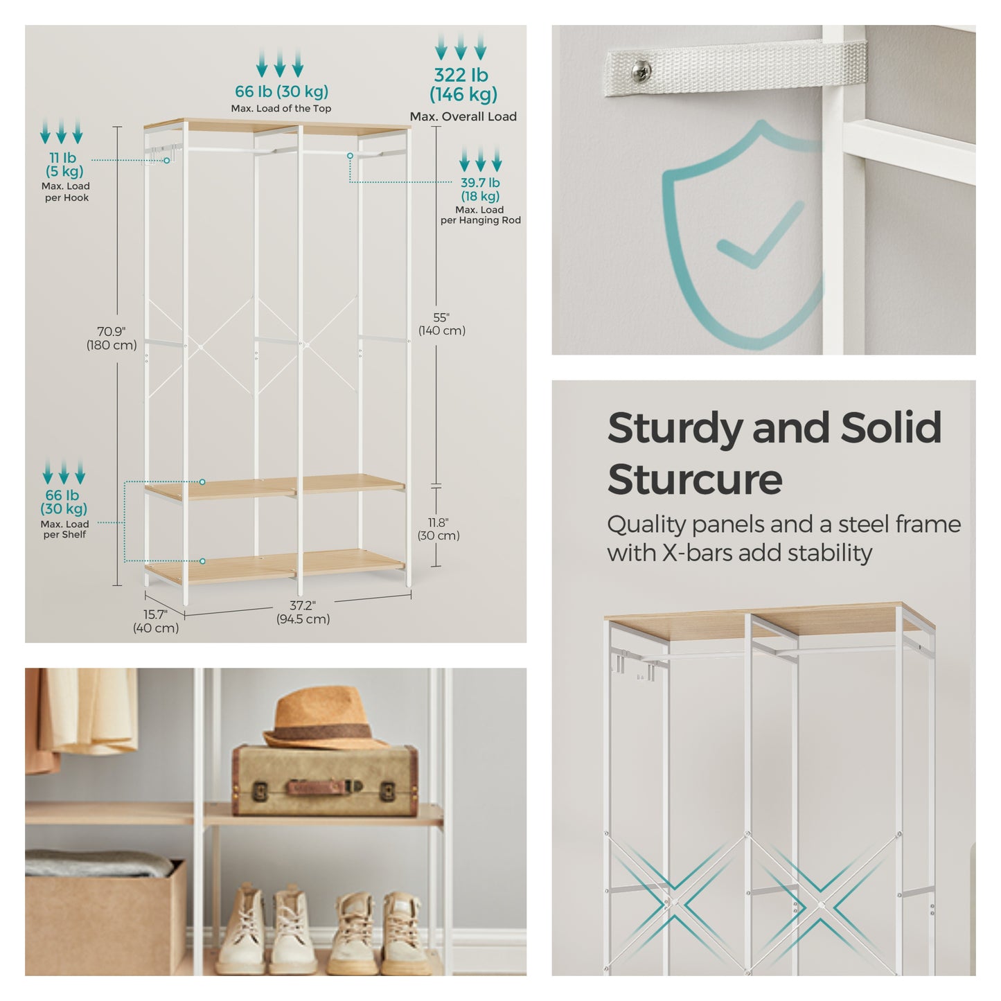 Heavy Duty Garment Rack, Iron and Wood Closet Organizer with Hanging Rods & Shelves, Freestanding Storage for Bedroom, 70.9 Inch,Natural Beige
