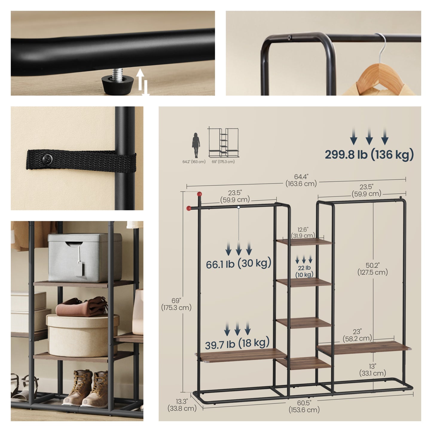 Freestanding Clothes Rack, Heavy-Duty Open Wardrobe with 6 Shelves & 2 Rails, Matchstick Hooks Design, for Bedroom Storage, Natural Walnut and Ink Black