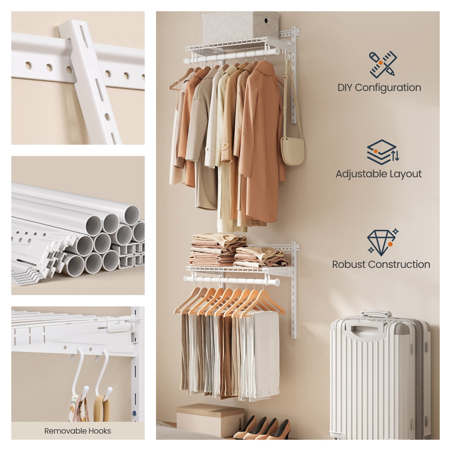 Adjustable Closet Organizer System, 2-4 ft Metal Shelving Unit with 2 Hanging Rods & 2 Shelves, for Wardrobe Pantry Mudroom, Cloud White