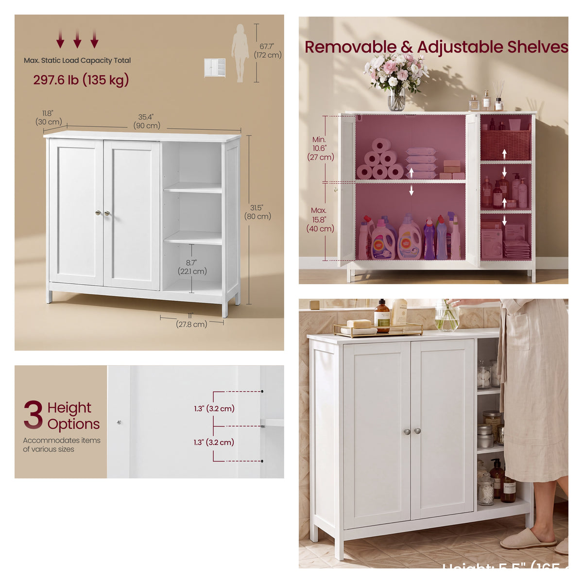 LEDREM Freestanding Bathroom Cabinet with 2 Doors and Open Shelves, 35.4 x 11.8 x 31.5 inches, White