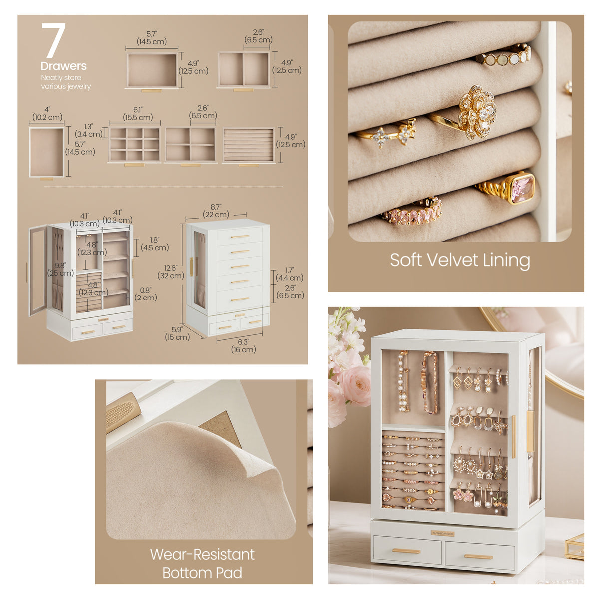 LEDREM 5-Tier Rotating Jewelry Box, 360° Display Organizer with Clear Glass Door, Ring Rolls & 7 Drawers for Vanity, Tabletop, Cream White