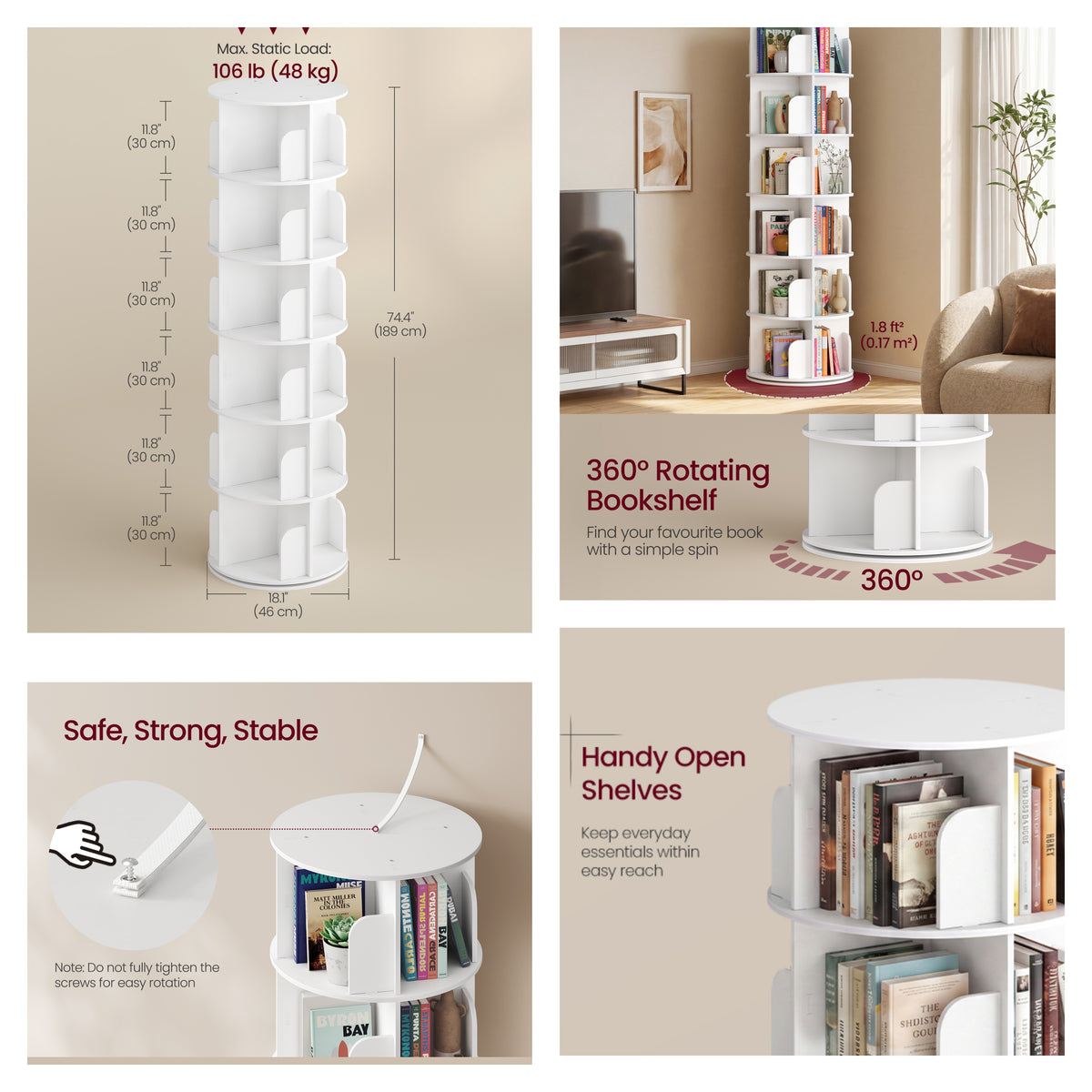 LEDREM 6-Tier Rotating Bookshelf, 360° Spinning Display Bookcase with Open Compartments & Bookends, Space-Saving Floor Standing Storage Rack for Living Room, Bedroom, Study, White