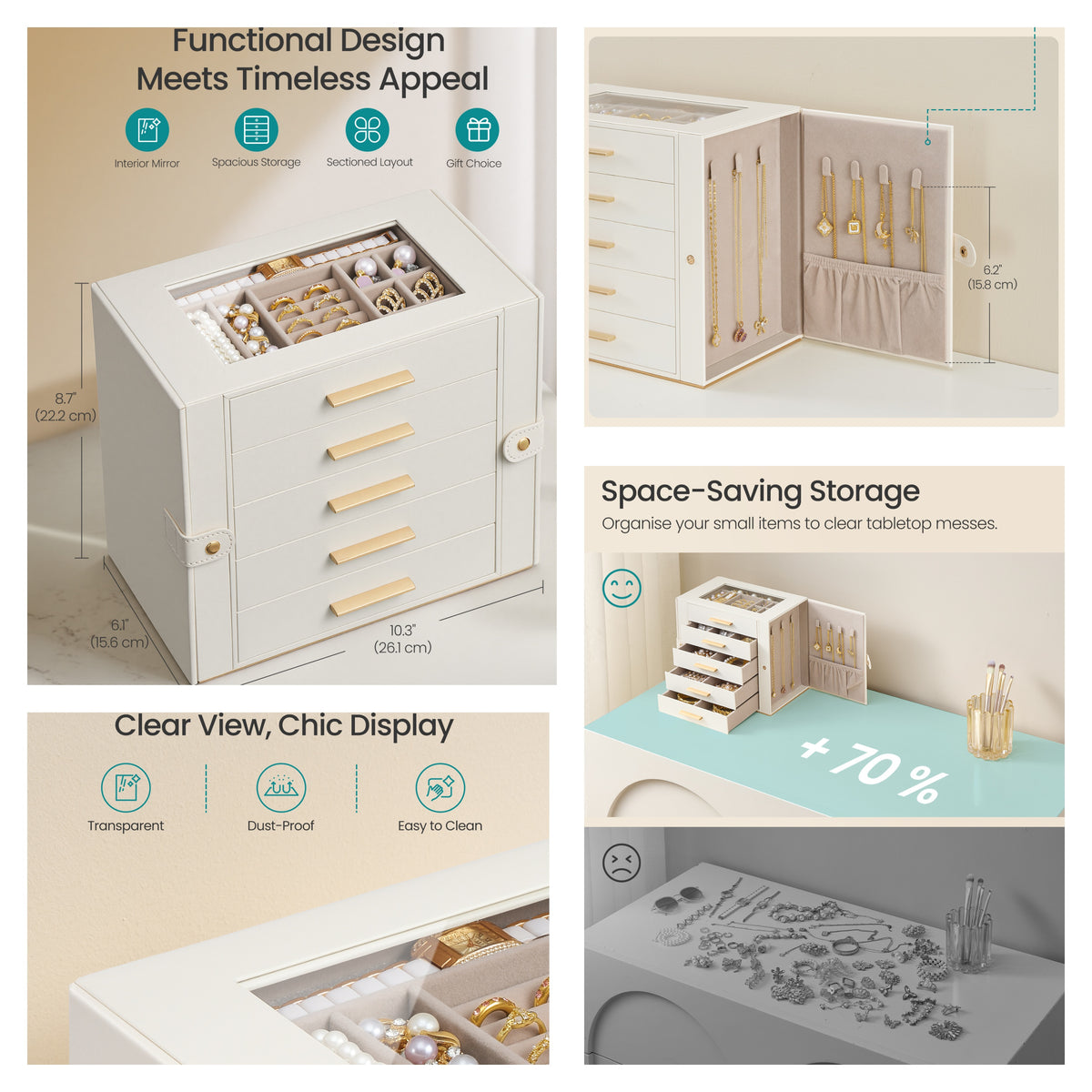 LEDREM Jewelry Box, 5-Tier Organizer with Glass Top and Necklace Storage, 10.3 x 6.1 x 8.7 Inches, Cream White and Tan