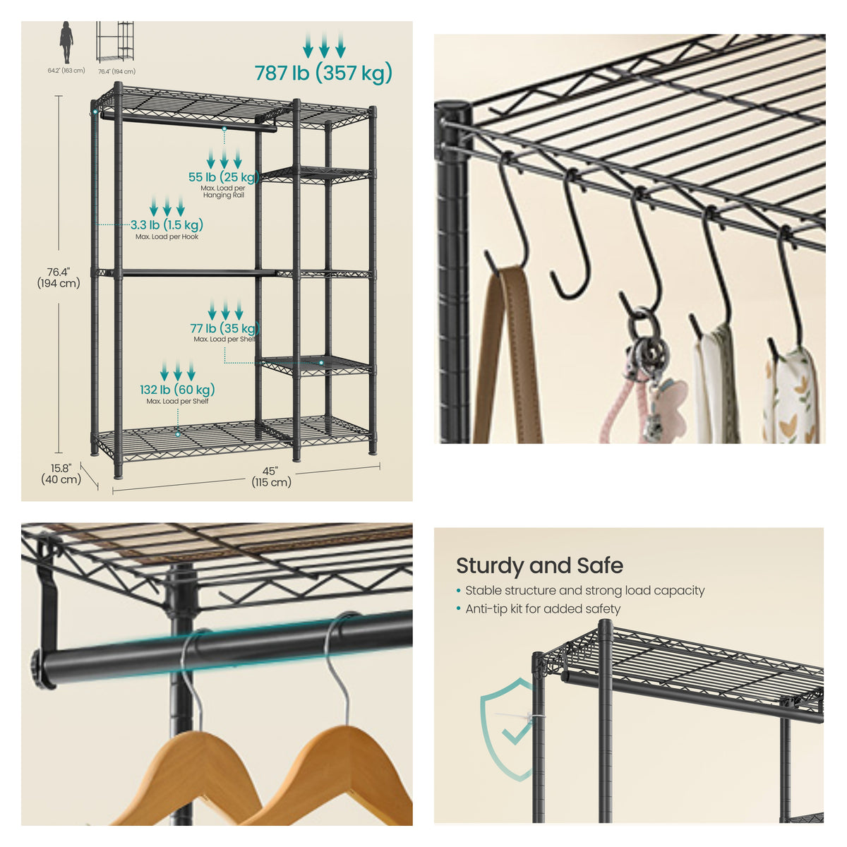 LEDREM Garment Rack, Clothes Rack, Portable Closet Rack, 35.4-InchWide Clothing Rack, with Adjustable Mesh Shelves and Hanging Rails, Dustproof Cover, Black