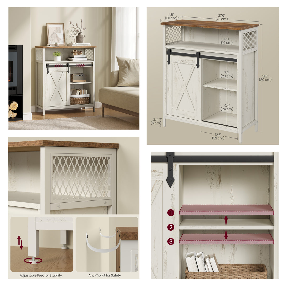 LEDREM Buffet Cabinet, Sideboard with Open Compartment, Sliding Barn Door, 11.8"D x 27.6"W x 31.5"H, White