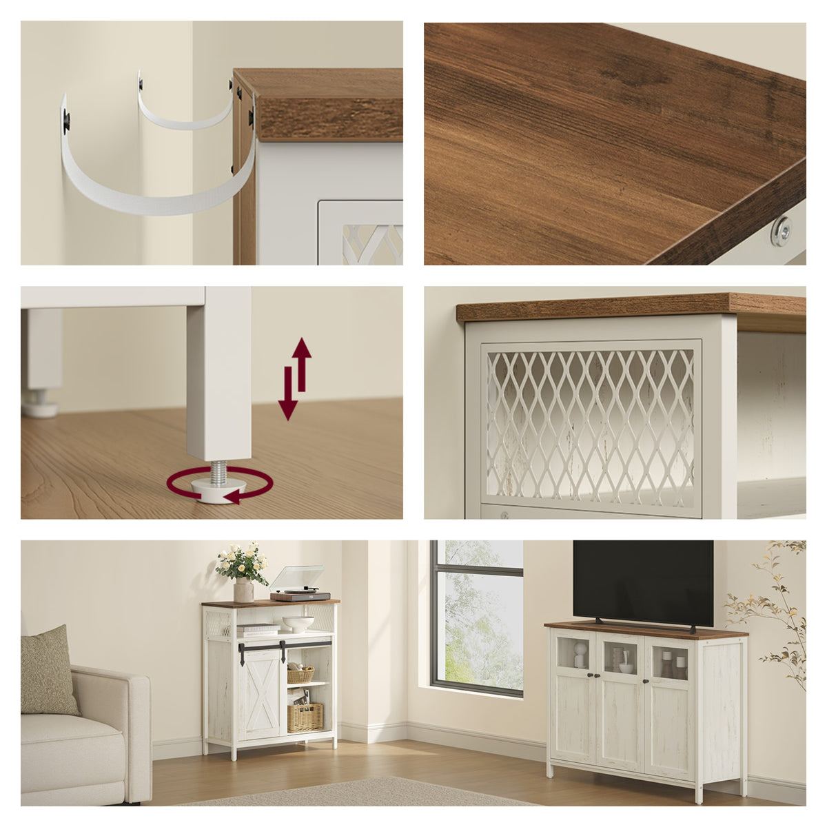 LEDREM Buffet Cabinet, Sideboard with Open Compartment, Sliding Barn Door, 11.8"D x 27.6"W x 31.5"H, White