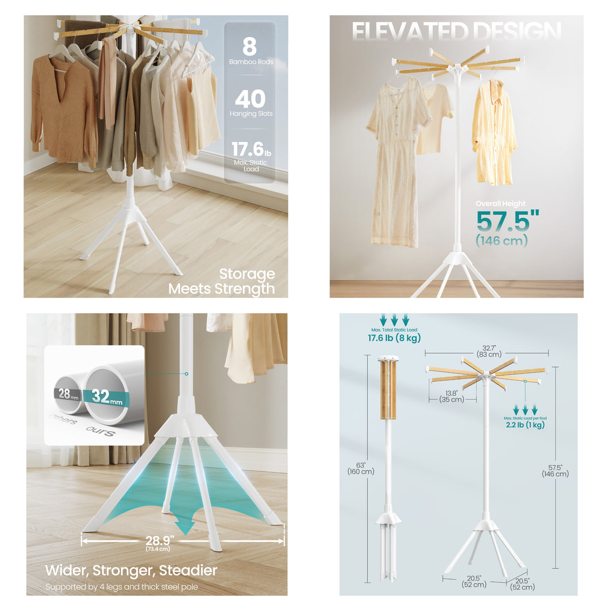 LEDREM Clothes Drying Rack, Foldable Tall Laundry Rack with Bamboo Rods, 33.3 x 33.3 x 57.5 Inches, White and Natural