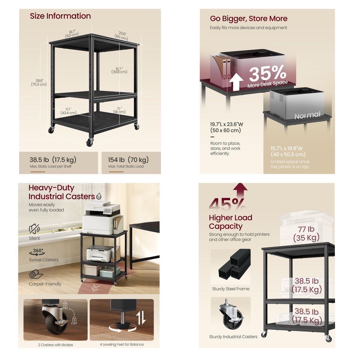 LEDREM 3-Tier Printer Rack, Home Office Under Desk Shelves, Mobile Cart with Wheels, Black