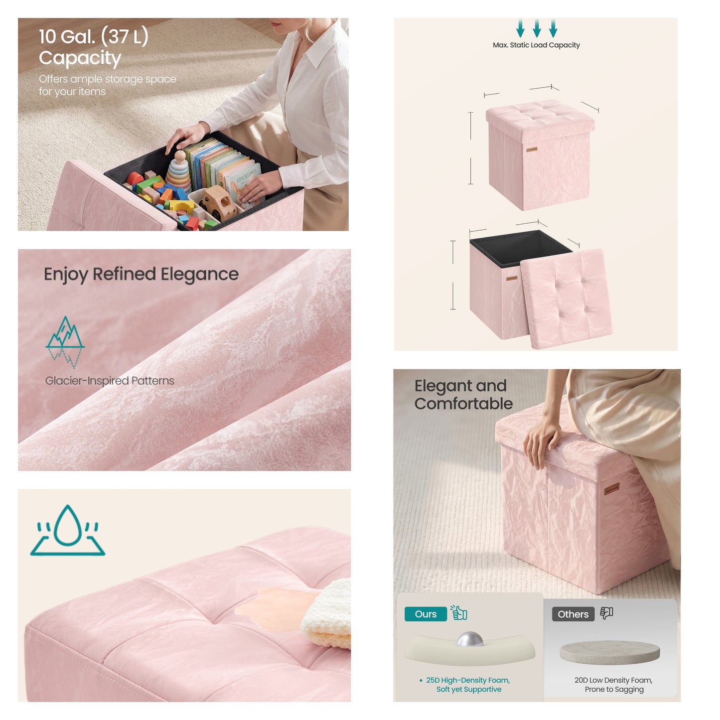 Textured PU Leather Storage Ottoman, Foldable Cushioned Footstool, 15 x 15 x 15 Inches, Pink