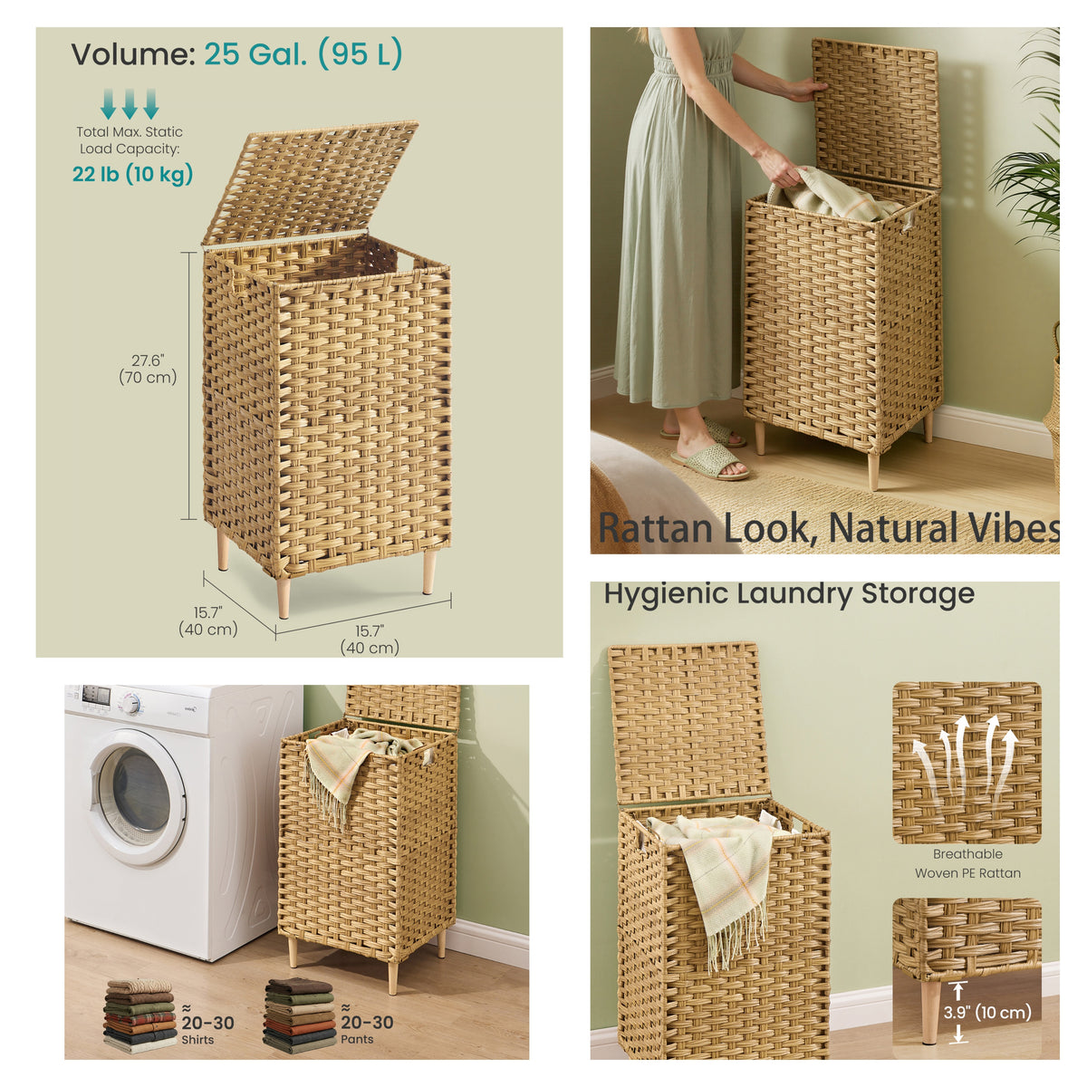 LEDREM Laundry Hamper with Lid, 4-Section PE Rattan Basket, 55.4 Gal., 15.7 x 15.7 x 27.6 Inches, Yellow and White