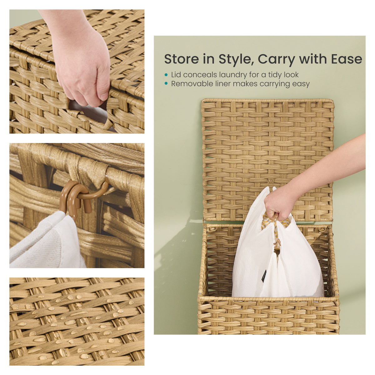 LEDREM Laundry Hamper with Lid, 4-Section PE Rattan Basket, 55.4 Gal., 15.7 x 15.7 x 27.6 Inches, Yellow and White
