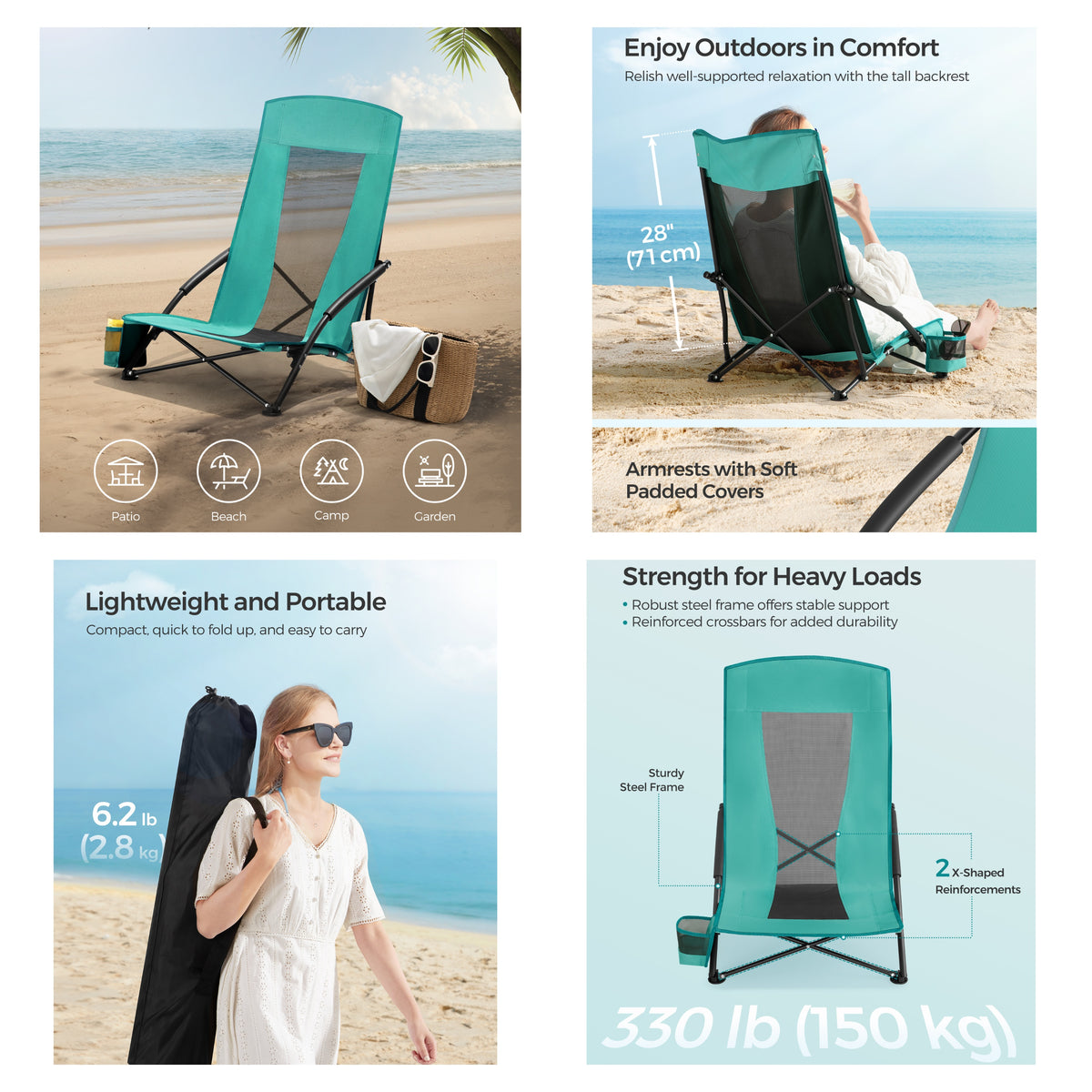LEDREM Portable Beach Chairs Set of 2, Heavy-Duty with High Backrest and Cup Holder, 22.1 x 20.9 x 29.1 inches, Green