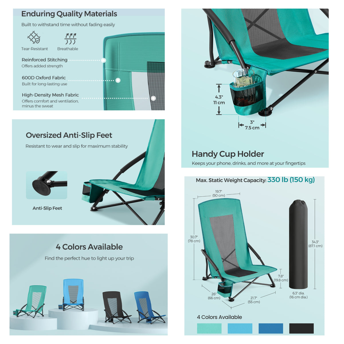 LEDREM Portable Beach Chairs Set of 2, Heavy-Duty with High Backrest and Cup Holder, 22.1 x 20.9 x 29.1 inches, Green