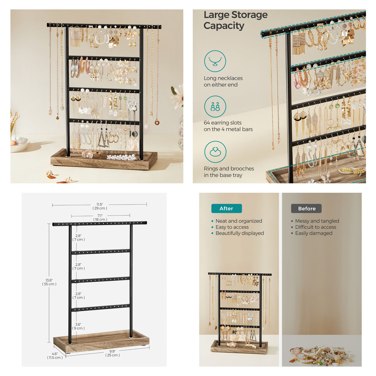 LEDREM 2-Piece 4-Tier Jewelry Stand Set, Earring & Necklace Organizer with Ring Tray, Metal Frame, Tabletop Display, Black and Wood