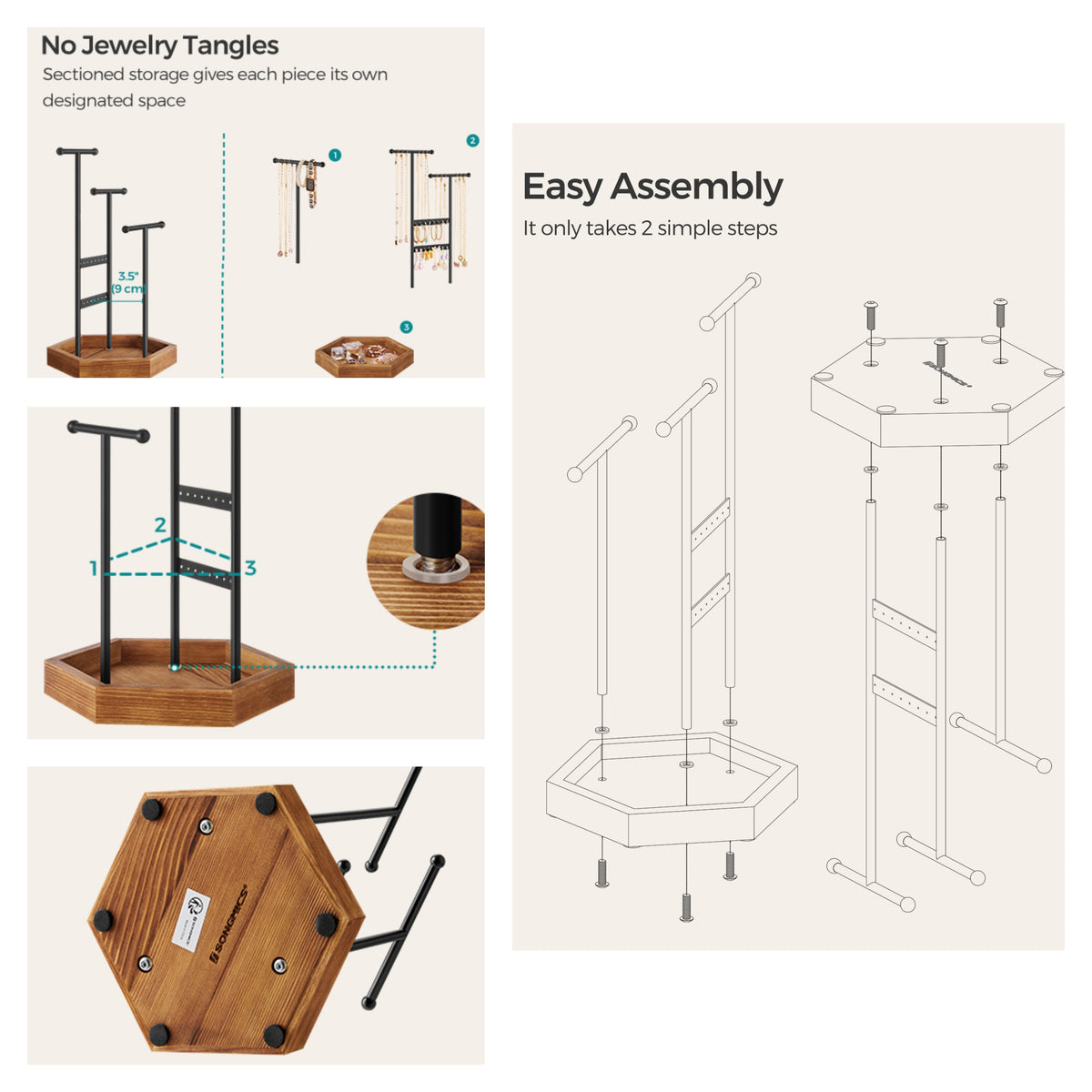 LEDREM 2-Piece Ring Jewelry Holder Set, 3-Tier Metal Stand with Tray, T-Bar Organizer for Rings & Bracelets, Tabletop Display, Black & Brown