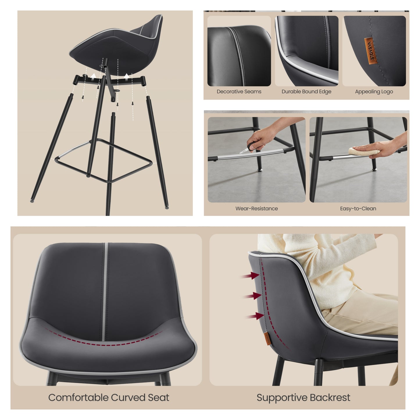 Set of 2 Bar Stools with Backrest, Ergonomic Design & Metal Legs, Synthetic Leather Upholstery, 28.7-Inch Counter Height Stools, Black