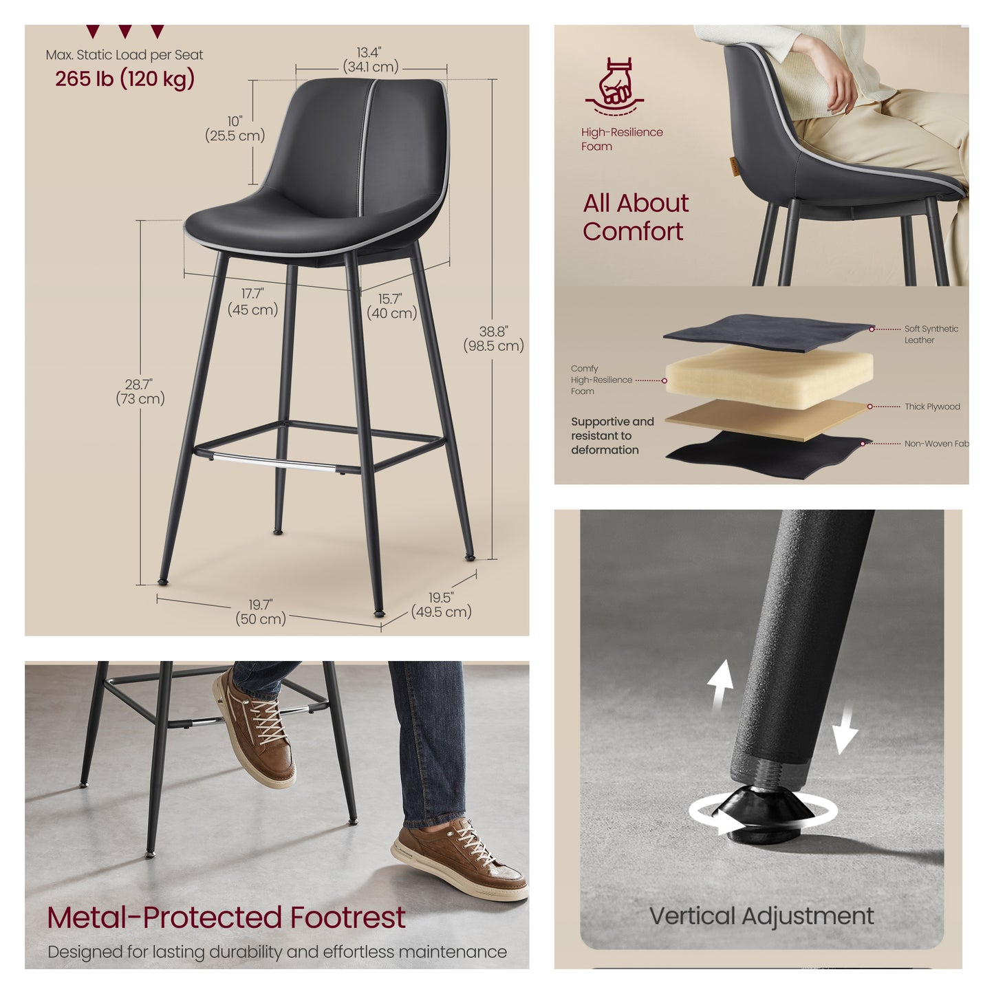 Set of 2 Bar Stools with Backrest, Ergonomic Design & Metal Legs, Synthetic Leather Upholstery, 28.7-Inch Counter Height Stools, Black
