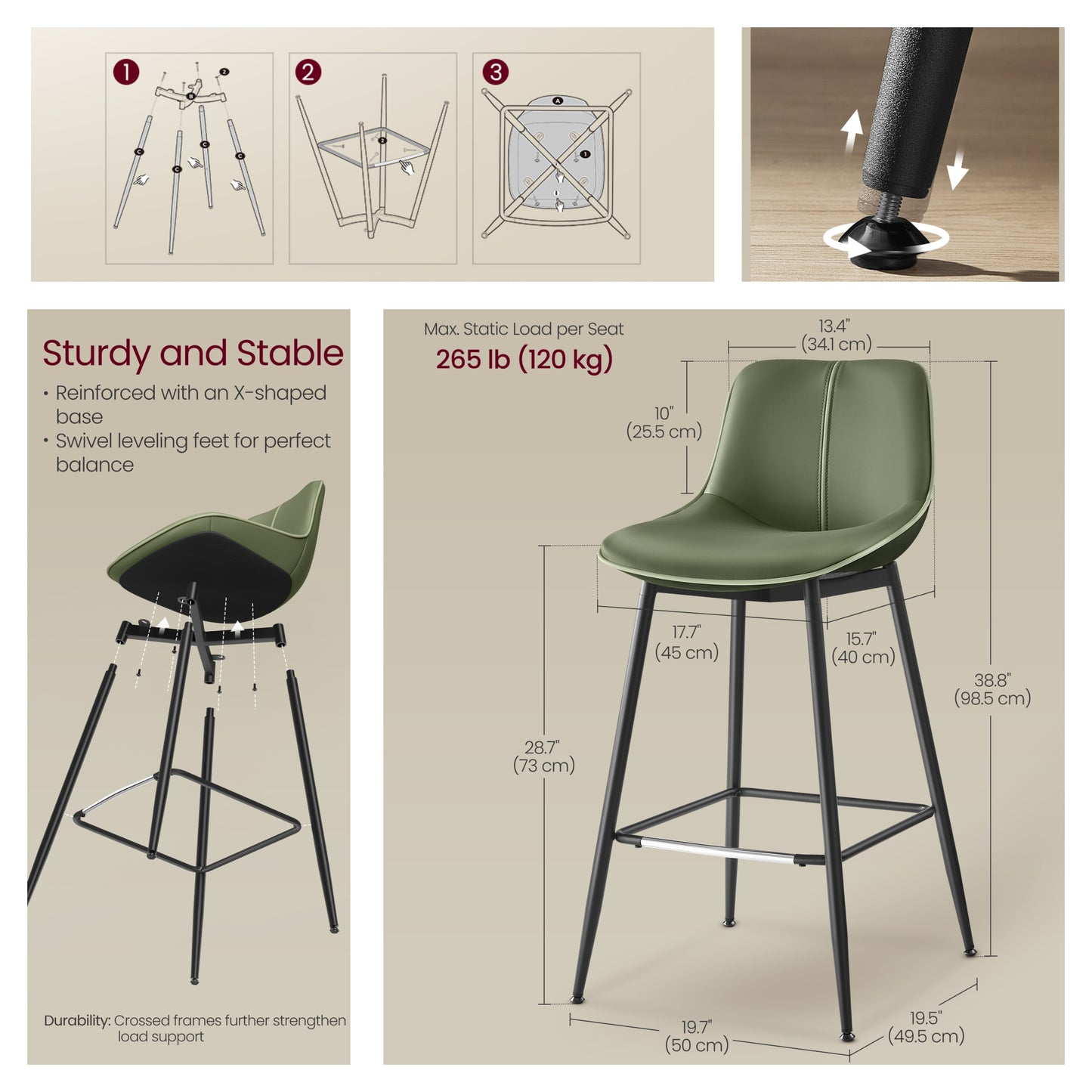 Set of 2 Bar Stools with Back Support, Ergonomic PU Leather Barstools, Sturdy Metal Frame, 28.7 Inch Counter Height, Easy to Assemble, Black
