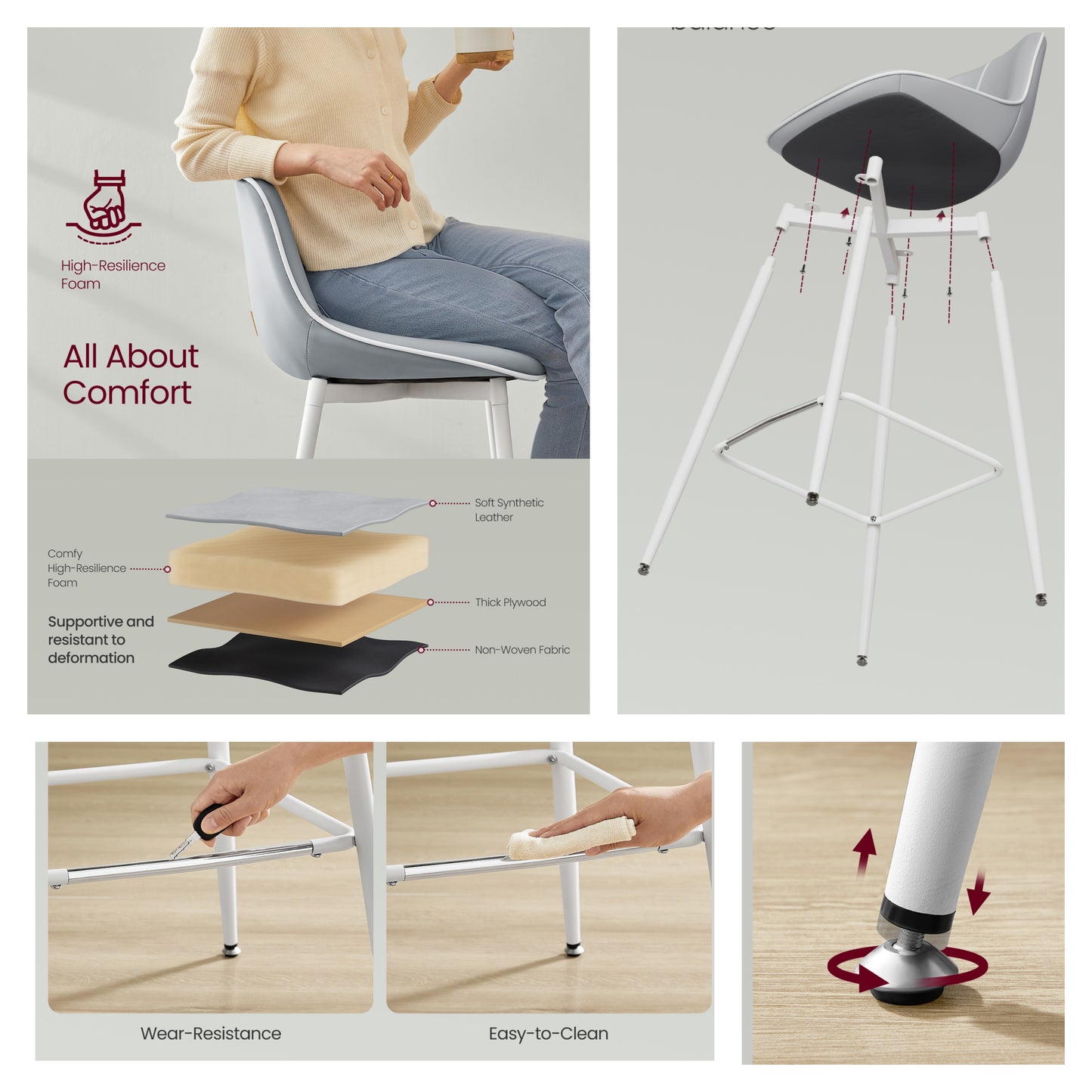 Set of 2 Bar Stools with Backrest, Ergonomic PU Leather Seat & Sturdy Metal Frame, 28.7-Inch Counter Height Stools, Dove Gray