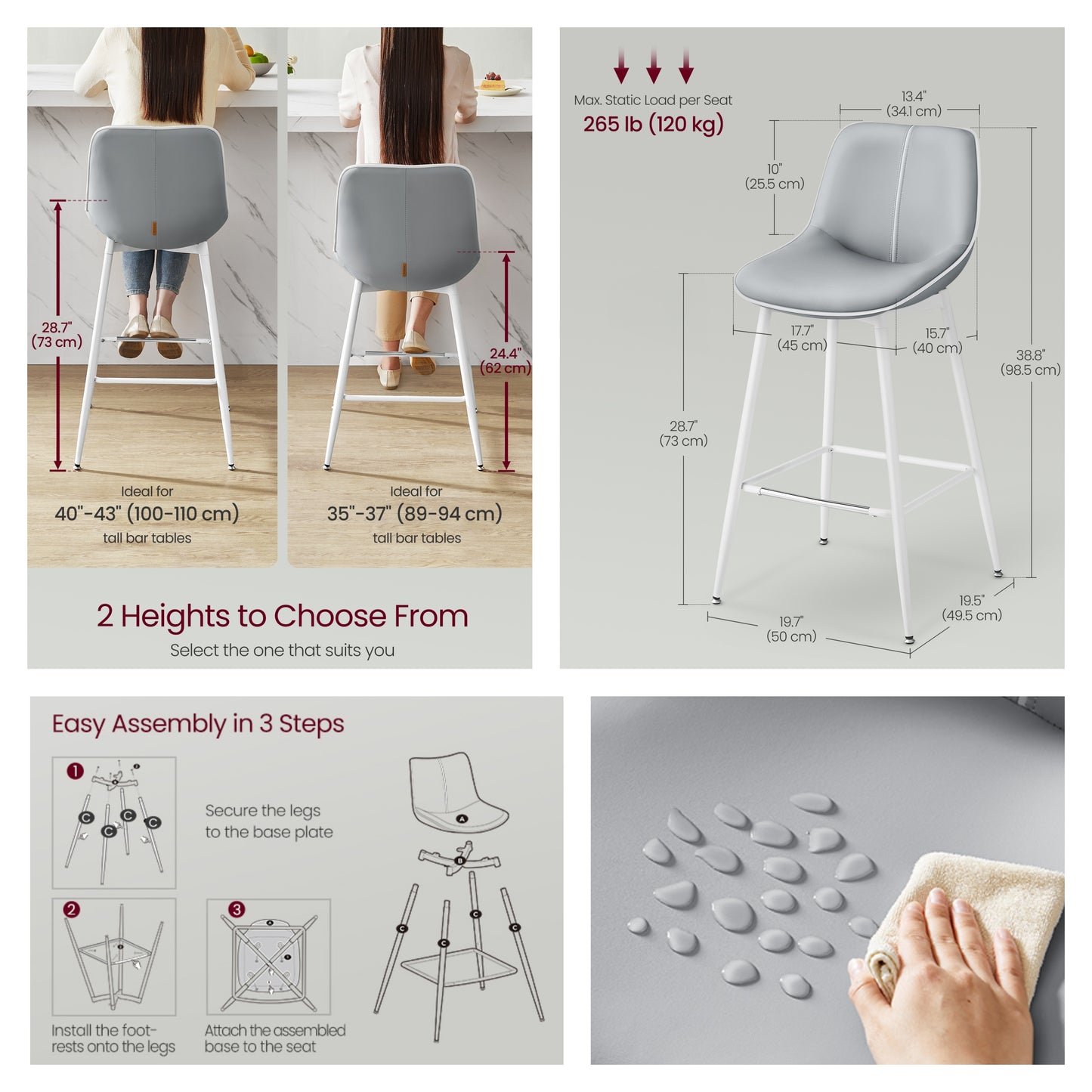 Set of 2 Bar Stools with Backrest, Ergonomic PU Leather Seat & Sturdy Metal Frame, 28.7-Inch Counter Height Stools, Dove Gray