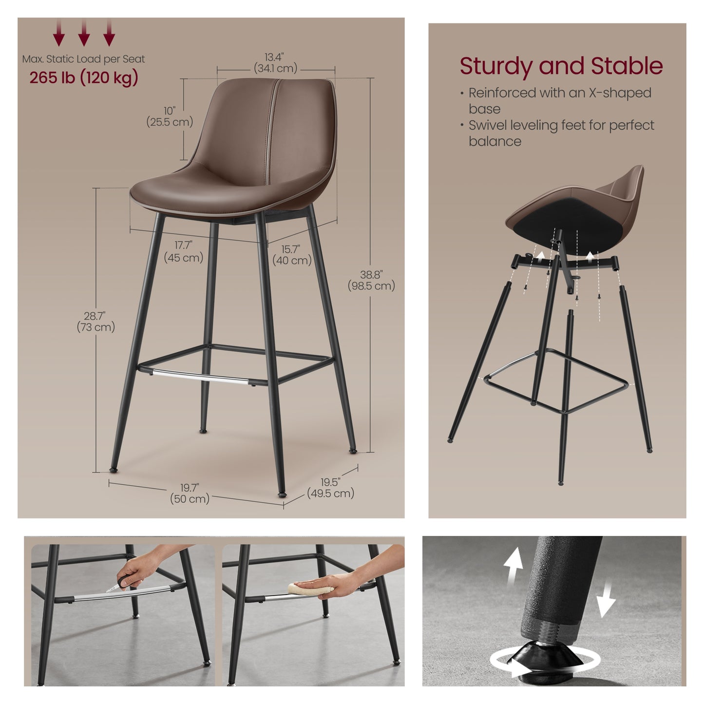 Set of 2 Bar Stools with Backrest, Ergonomic Design & Metal Legs, Synthetic Leather Upholstery, 28.7-Inch Counter Height Stools, Chestnut Brown