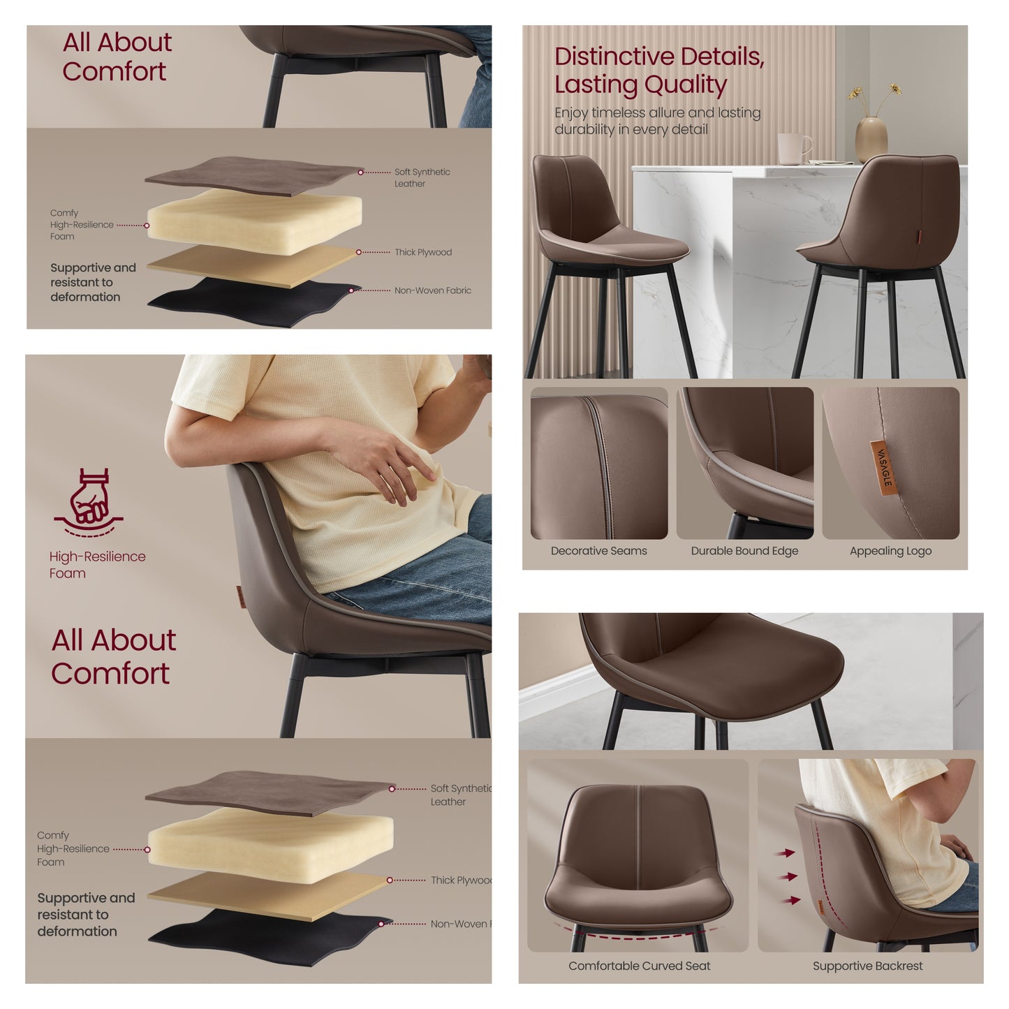 Set of 2 Bar Stools with Backrest, Ergonomic Design & Metal Legs, Synthetic Leather Upholstery, 28.7-Inch Counter Height Stools, Chestnut Brown
