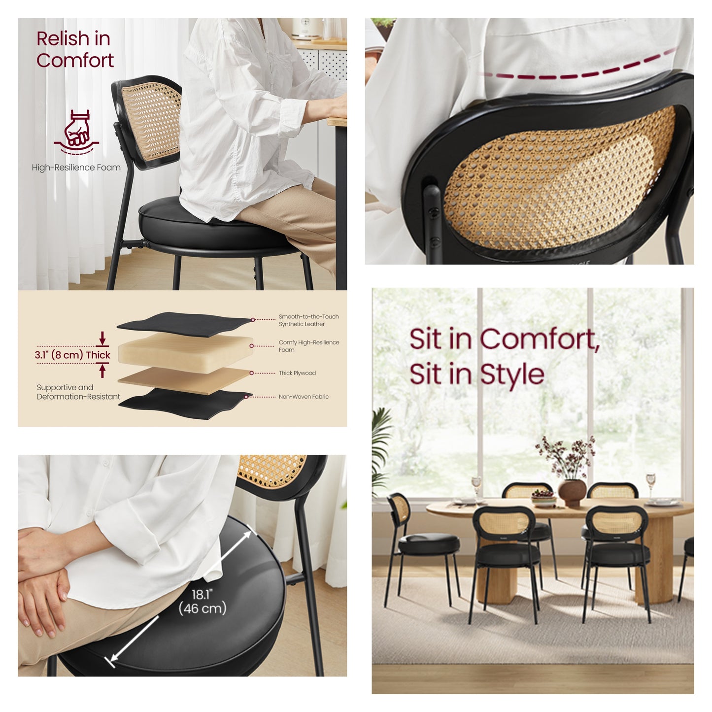 Boho Dining Chairs, Set of 2 PE Rattan Back & Synthetic Leather Upholstered Accent Chairs for Kitchen, Living Room, Ergonomic Support with Leveling Feet, Ink Black