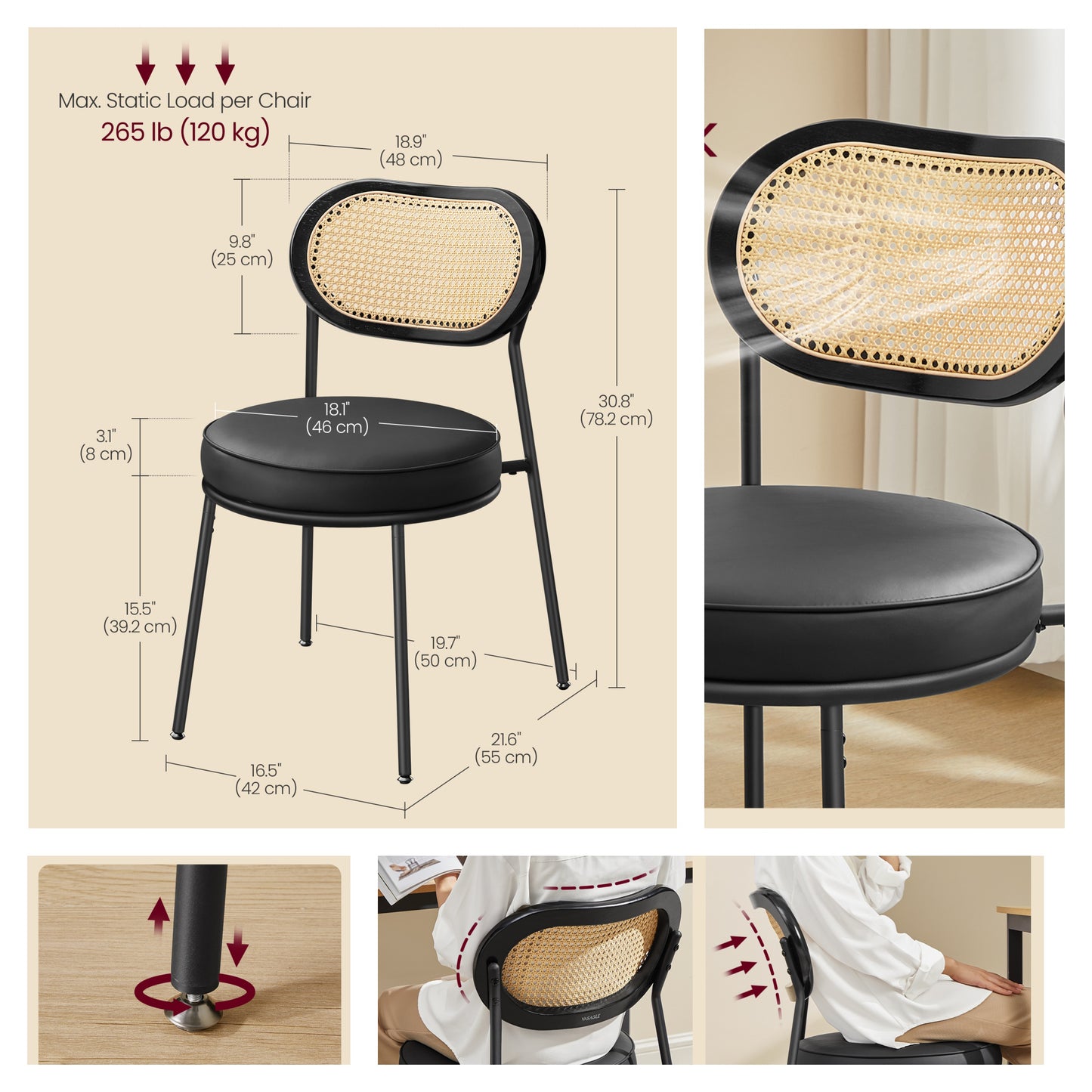 Boho Dining Chairs, Set of 2 PE Rattan Back & Synthetic Leather Upholstered Accent Chairs for Kitchen, Living Room, Ergonomic Support with Leveling Feet, Ink Black