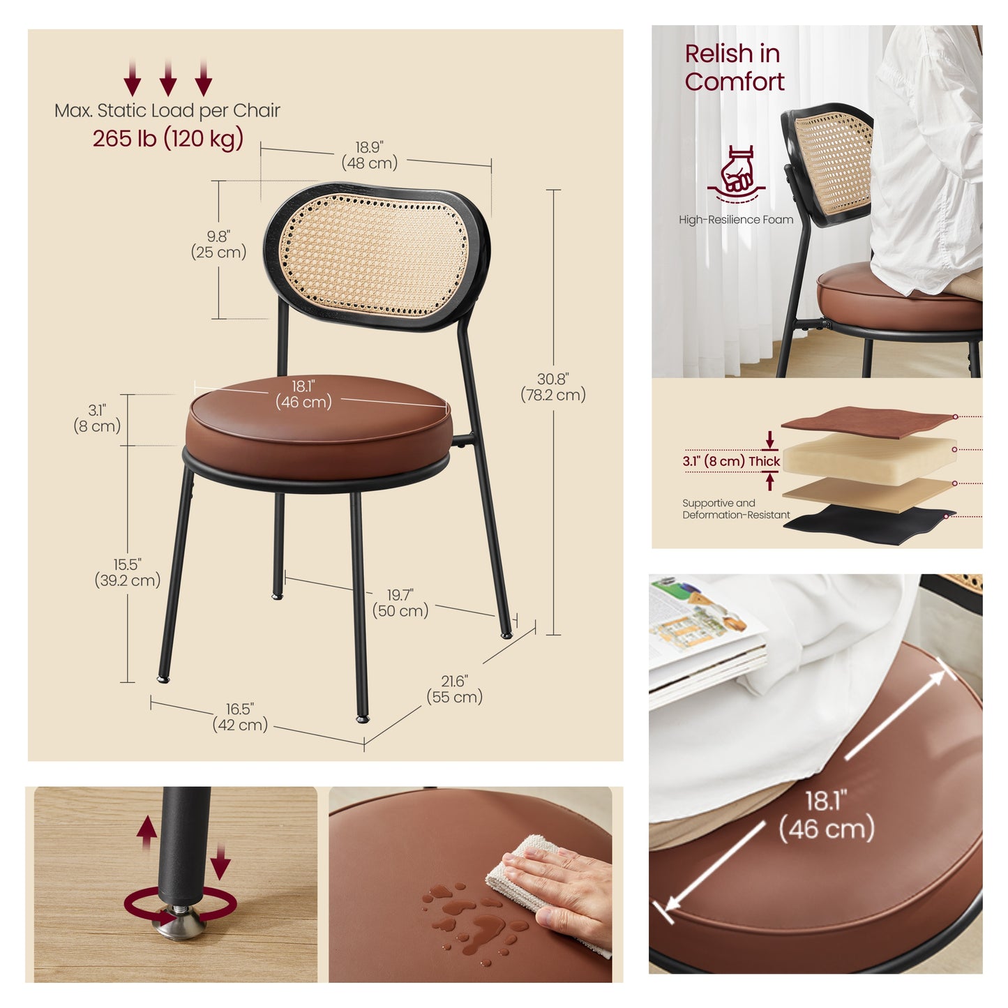 Boho Dining Chairs Set of 2 - PE Rattan Backrest & Synthetic Leather Seat, Ergonomic Kitchen, Living Room Accent Chairs, Coffee Brown