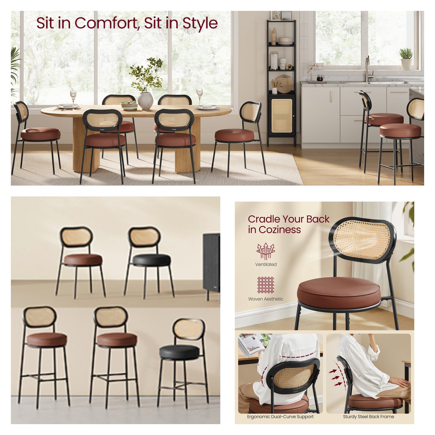Boho Dining Chairs Set of 2 - PE Rattan Backrest & Synthetic Leather Seat, Ergonomic Kitchen, Living Room Accent Chairs, Coffee Brown